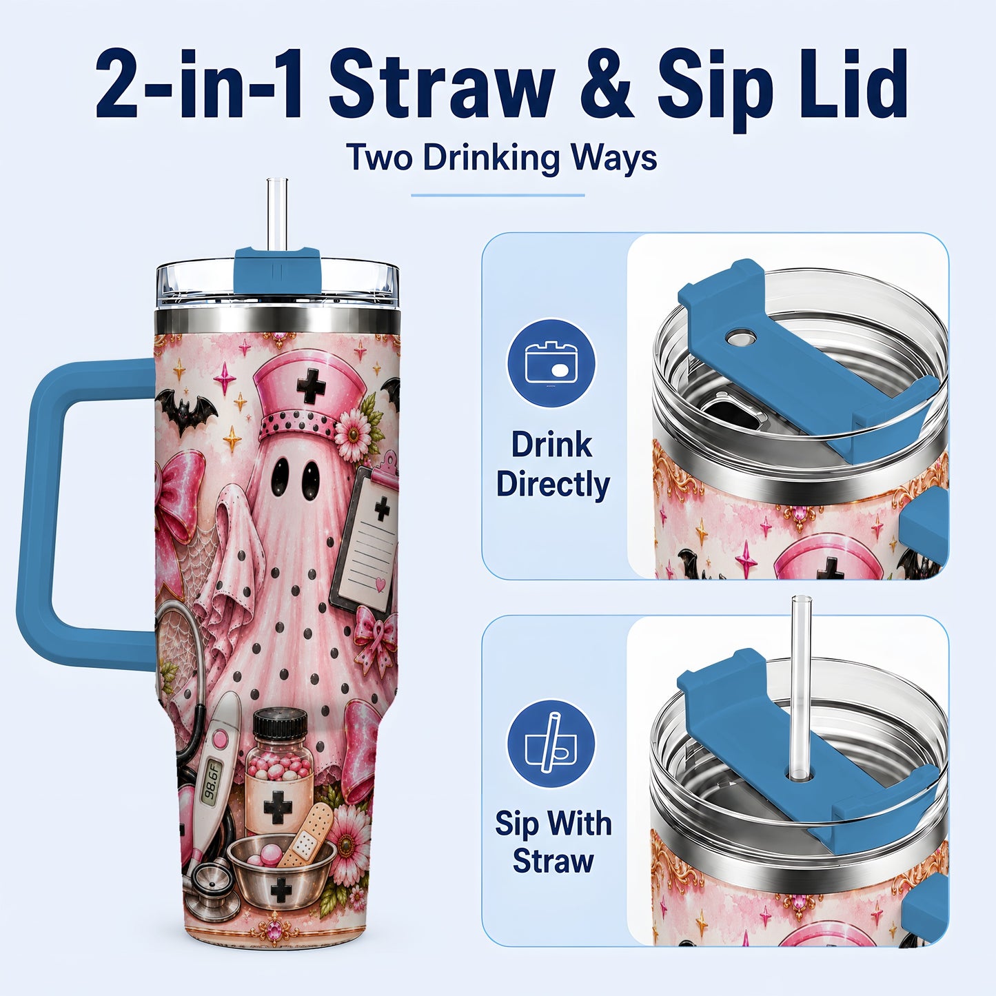#pl[40oz|Blue] Nurse Ghost 40oz Tumbler with Handle, Halloween Medical Theme