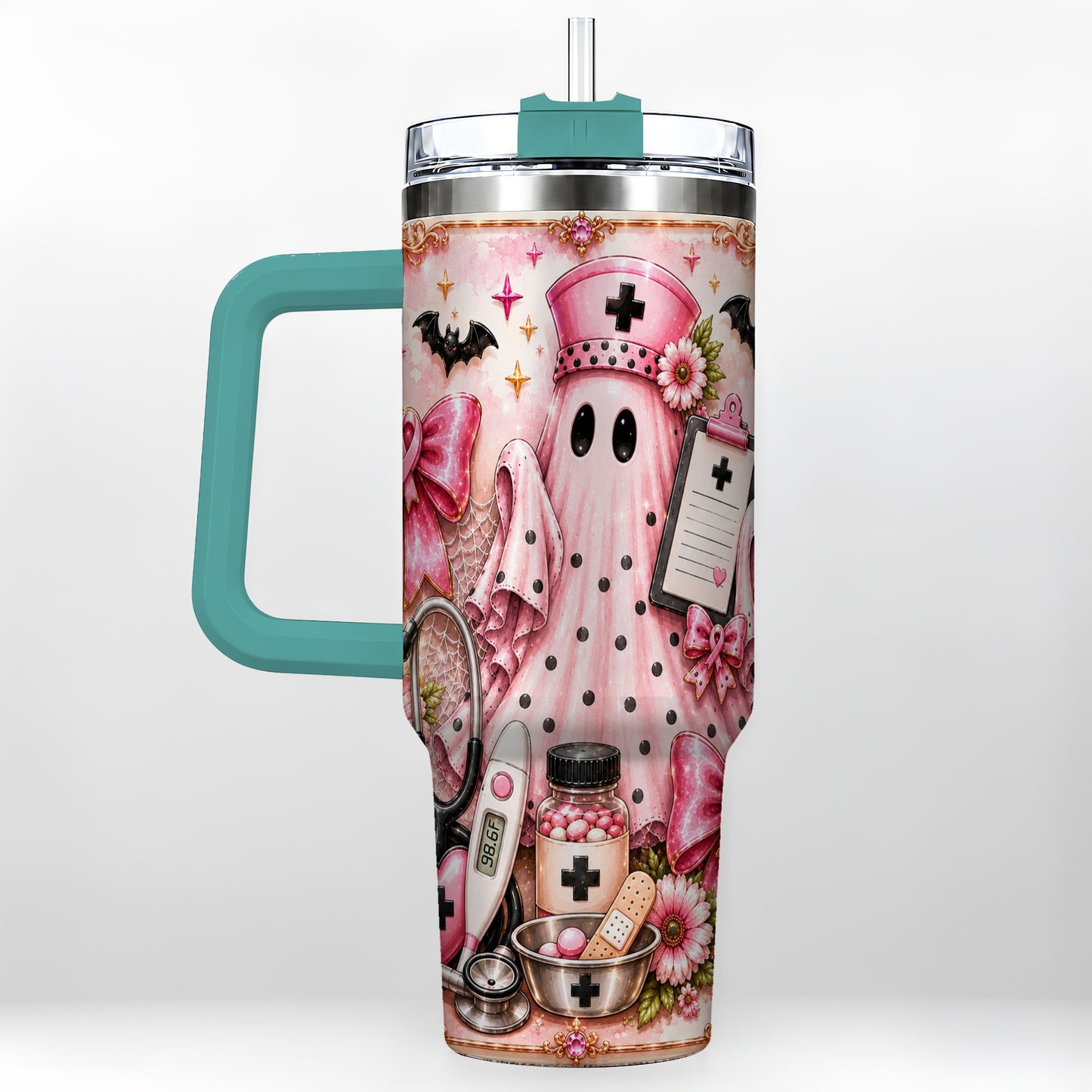 #pl[40oz|Green] Nurse Ghost 40oz Tumbler with Handle, Halloween Medical Theme