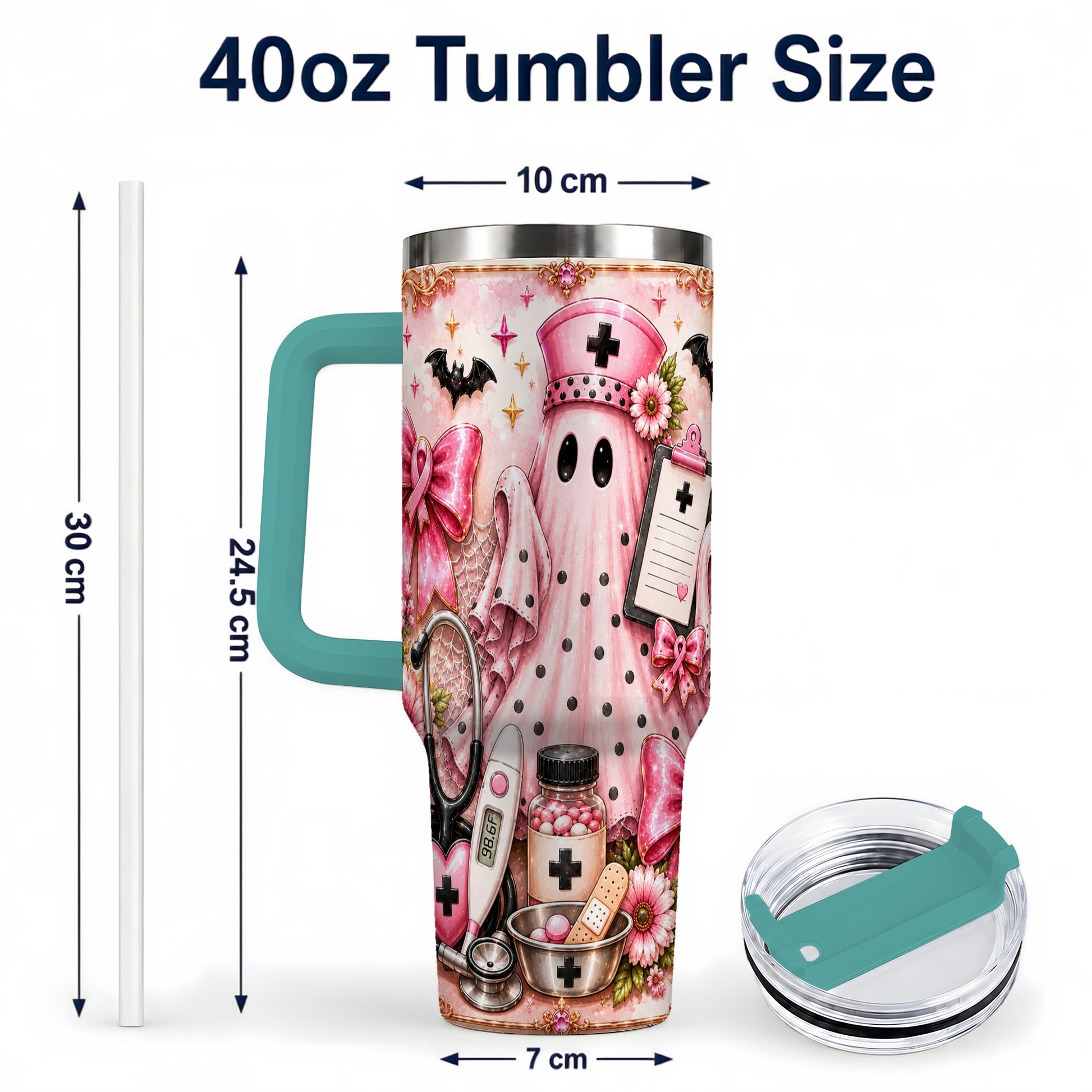 #pl[40oz|Green] Nurse Ghost 40oz Tumbler with Handle, Halloween Medical Theme