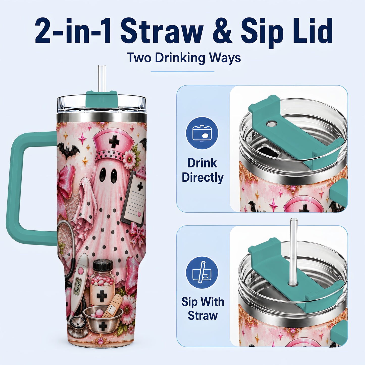 #pl[40oz|Green] Nurse Ghost 40oz Tumbler with Handle, Halloween Medical Theme