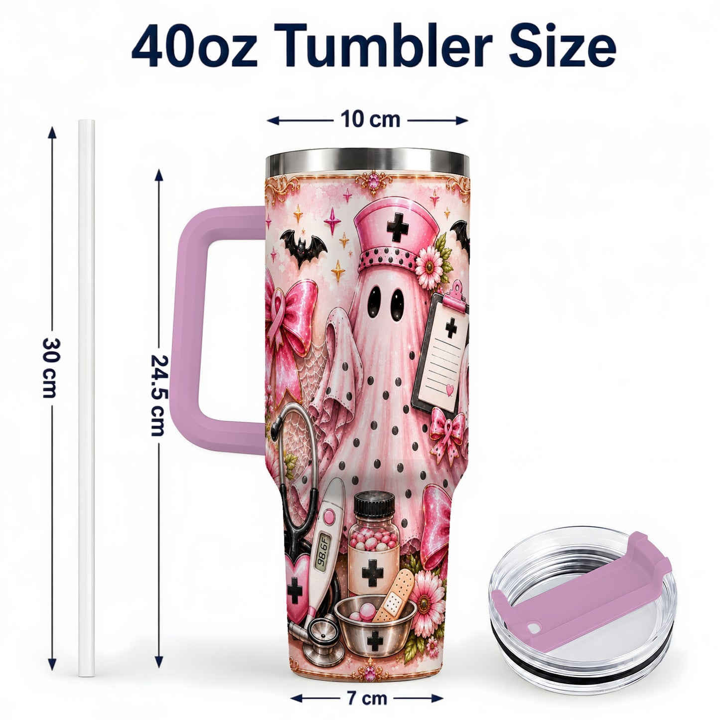 #pl[40oz|Pink] Nurse Ghost 40oz Tumbler with Handle, Halloween Medical Theme