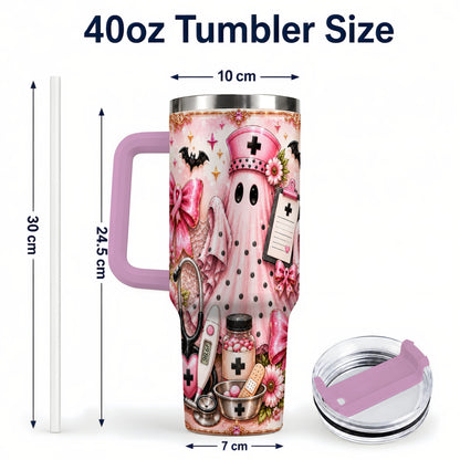 #pl[40oz|Pink] Nurse Ghost 40oz Tumbler with Handle, Halloween Medical Theme
