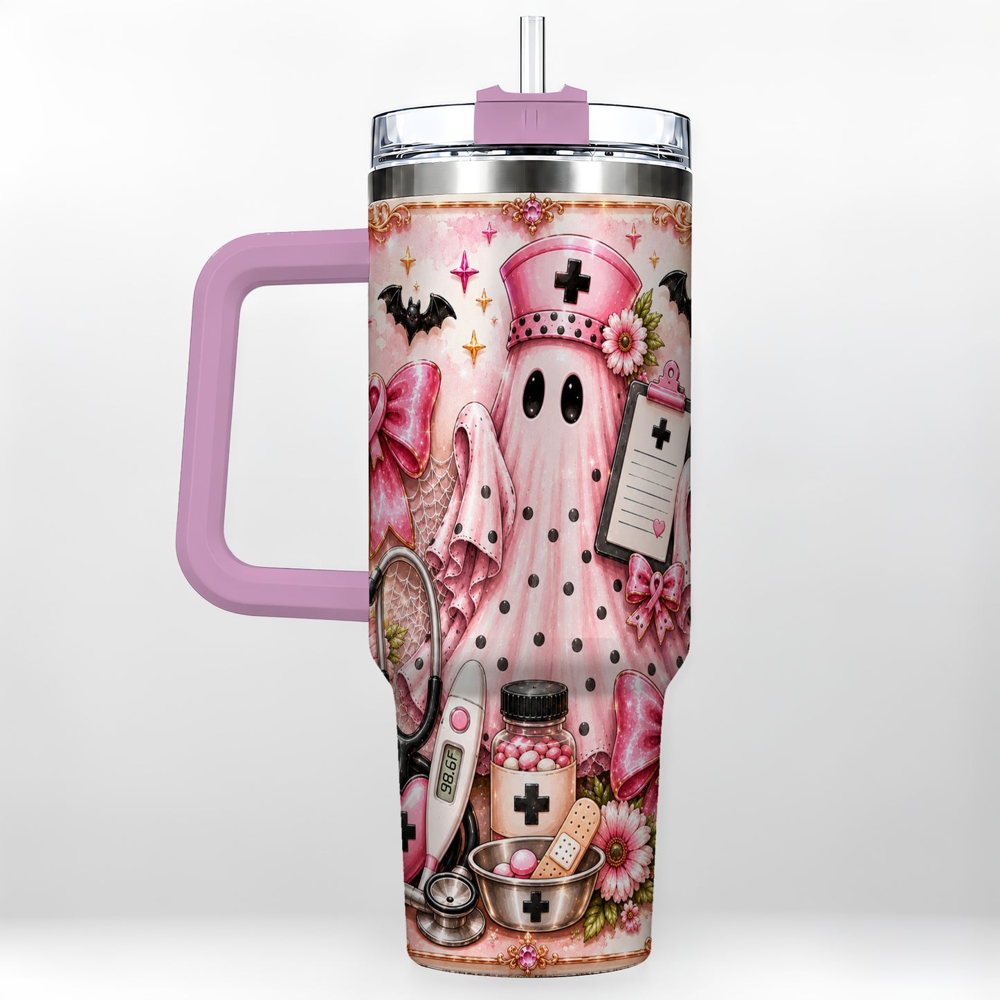 #pl[40oz|Pink] Nurse Ghost 40oz Tumbler with Handle, Halloween Medical Theme