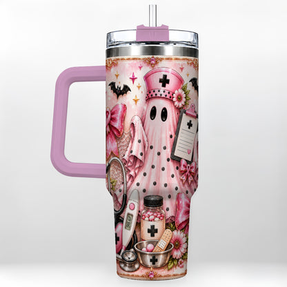 #pl[40oz|Pink] Nurse Ghost 40oz Tumbler with Handle, Halloween Medical Theme