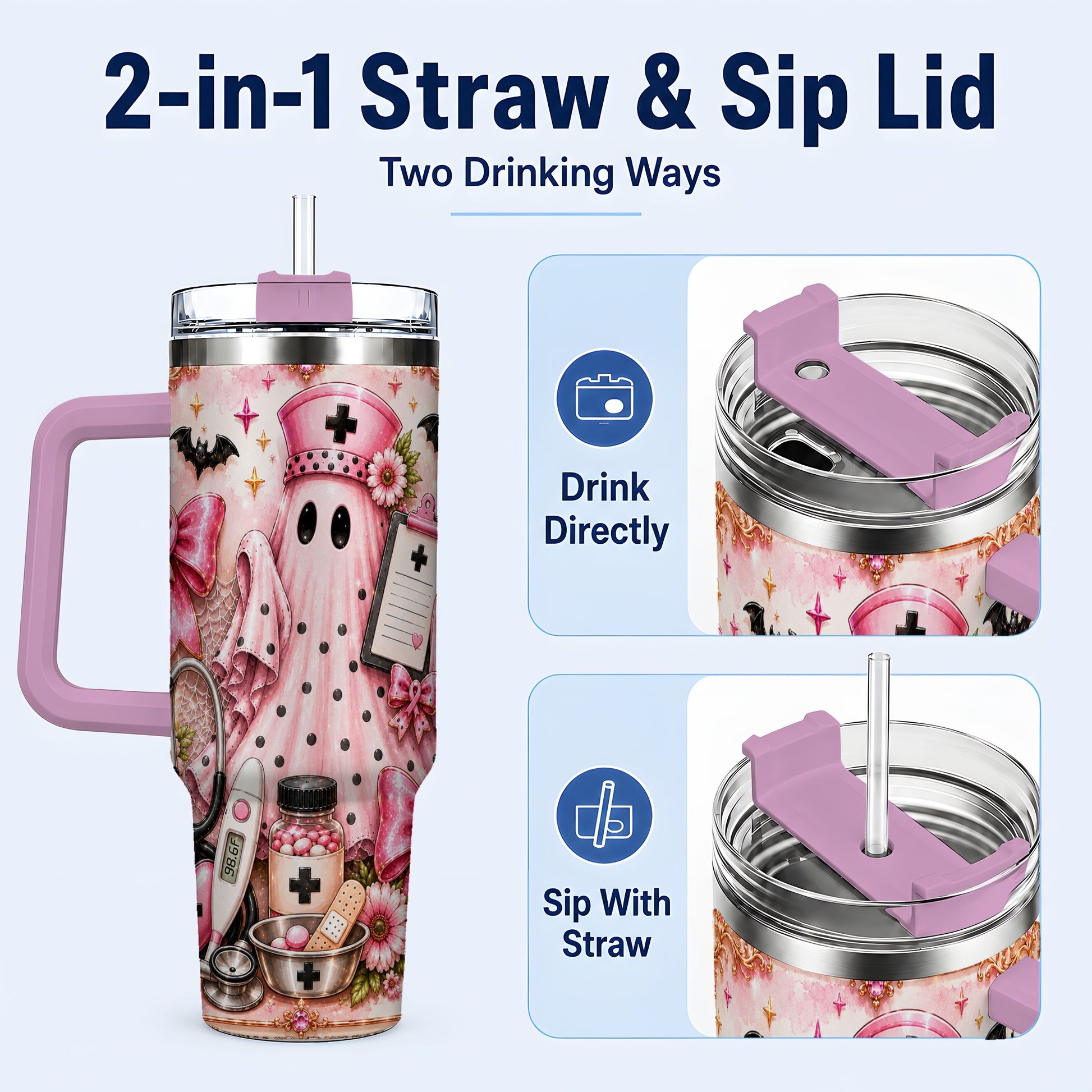 #pl[40oz|Pink] Nurse Ghost 40oz Tumbler with Handle, Halloween Medical Theme