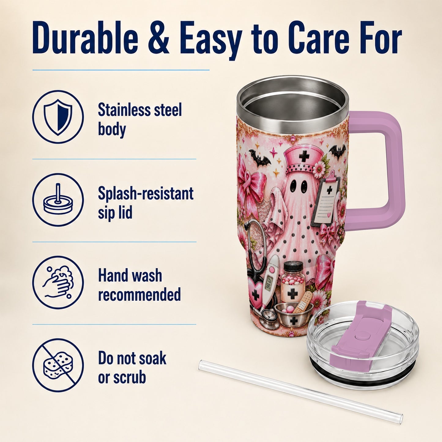 #pl[40oz|Pink] Nurse Ghost 40oz Tumbler with Handle, Halloween Medical Theme
