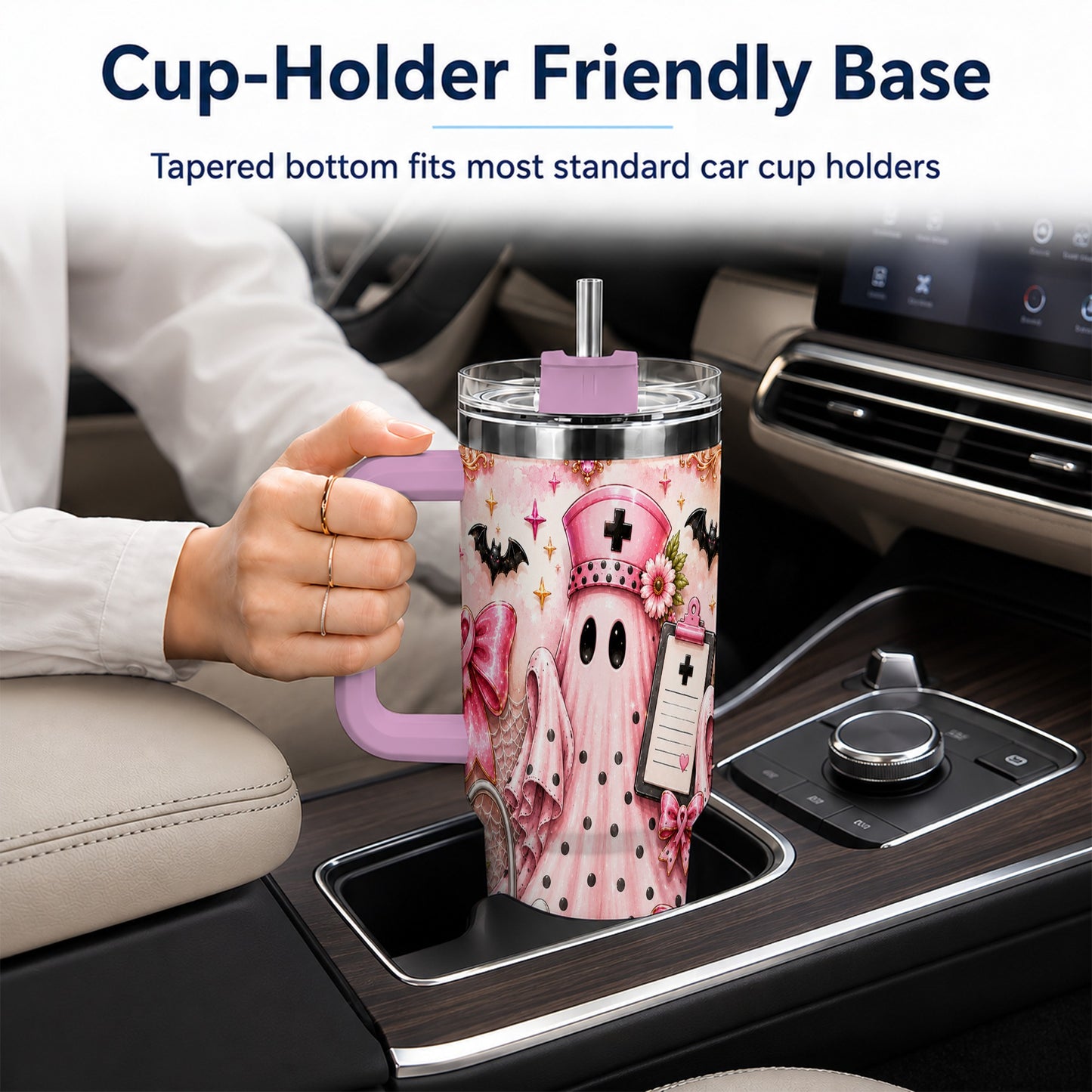 #pl[40oz|Pink] Nurse Ghost 40oz Tumbler with Handle, Halloween Medical Theme