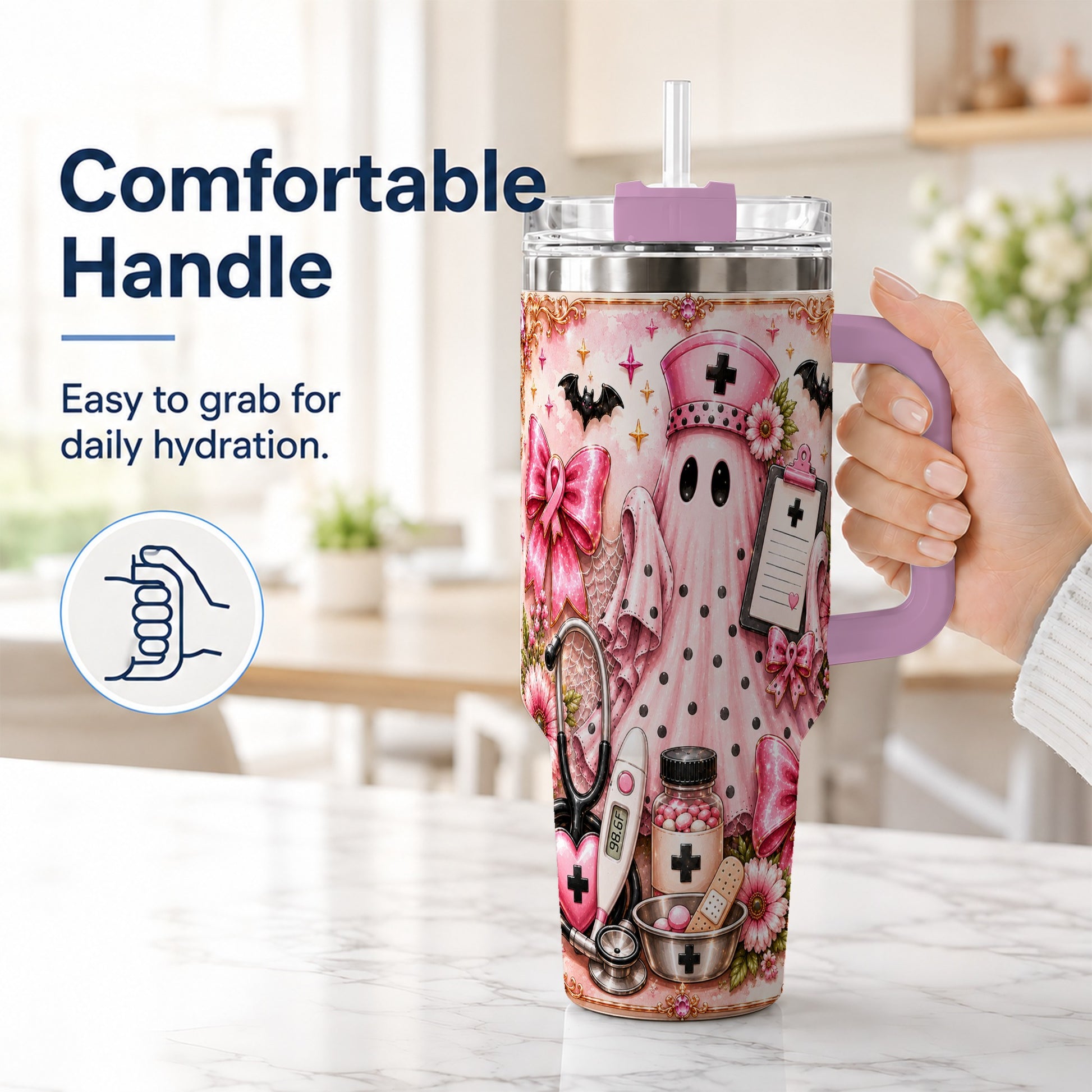 #pl[40oz|Pink] Nurse Ghost 40oz Tumbler with Handle, Halloween Medical Theme