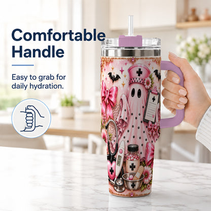 #pl[40oz|Pink] Nurse Ghost 40oz Tumbler with Handle, Halloween Medical Theme