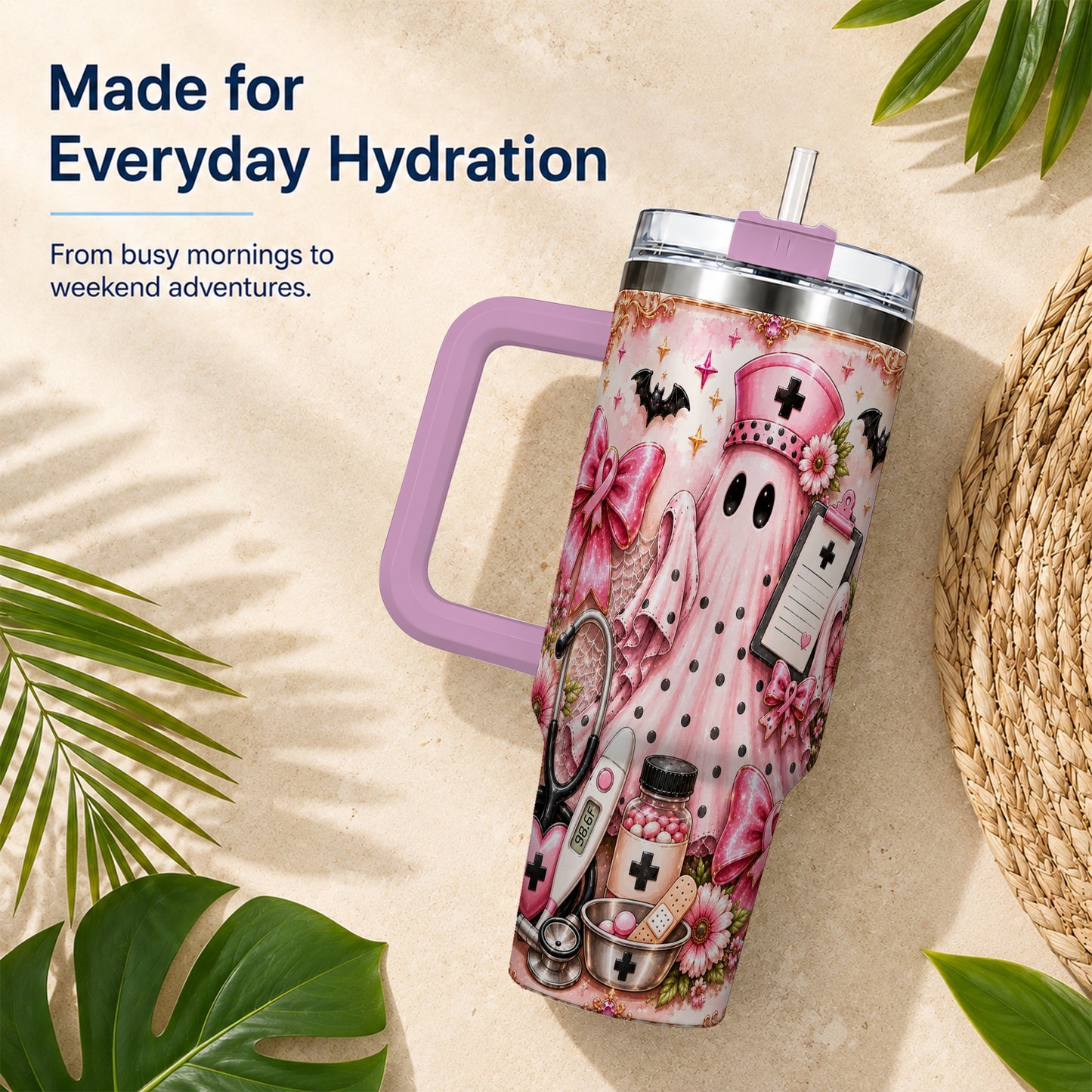 #pl[40oz|Pink] Nurse Ghost 40oz Tumbler with Handle, Halloween Medical Theme