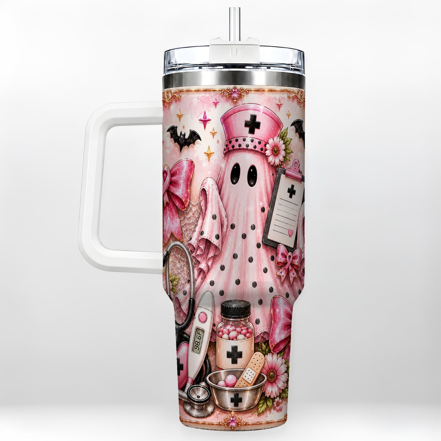 #pl[40oz|White] Nurse Ghost 40oz Tumbler with Handle, Halloween Medical Theme