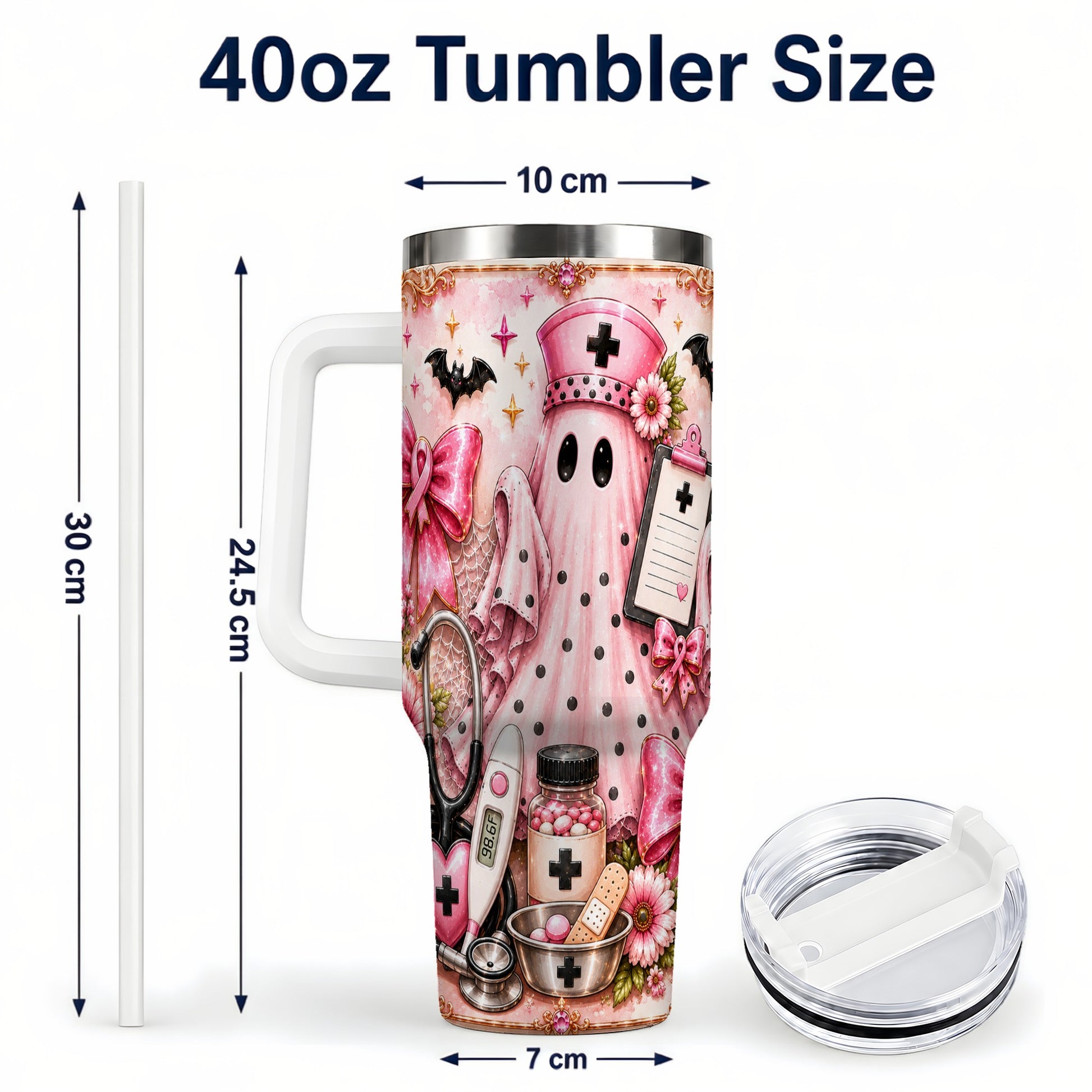 #pl[40oz|White] Nurse Ghost 40oz Tumbler with Handle, Halloween Medical Theme