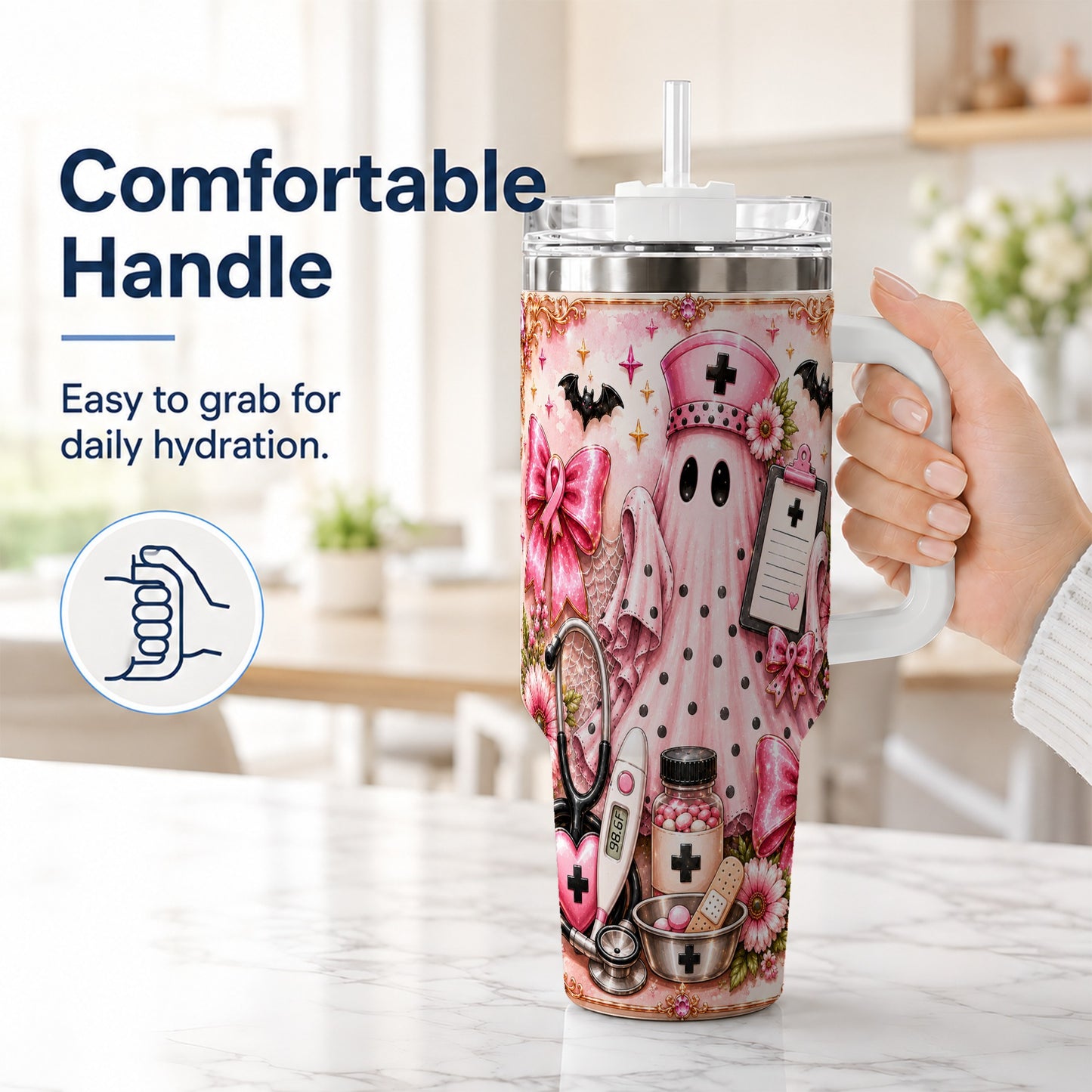 #pl[40oz|White] Nurse Ghost 40oz Tumbler with Handle, Halloween Medical Theme