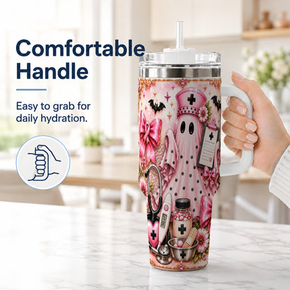 #pl[40oz|White] Nurse Ghost 40oz Tumbler with Handle, Halloween Medical Theme