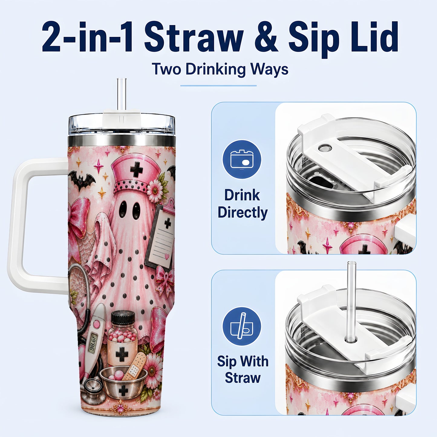 #pl[40oz|White] Nurse Ghost 40oz Tumbler with Handle, Halloween Medical Theme