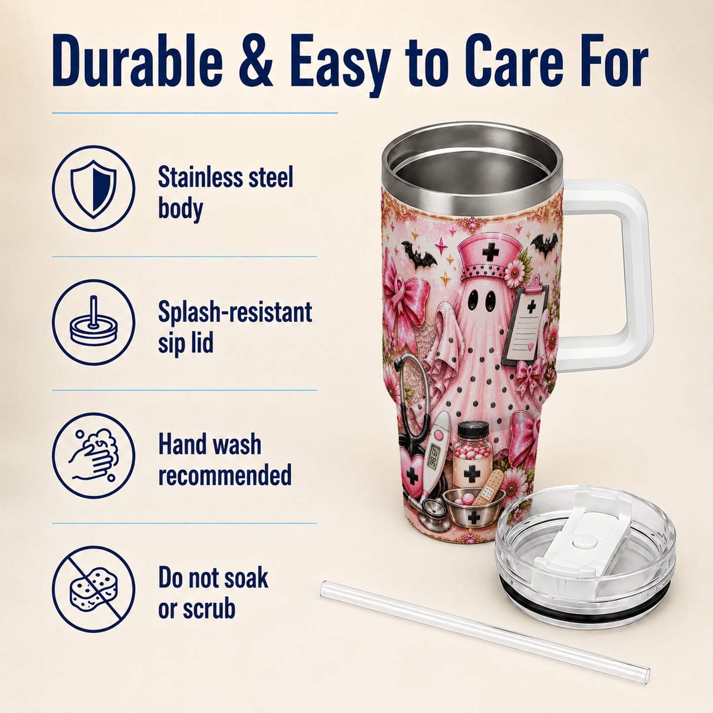 #pl[40oz|White] Nurse Ghost 40oz Tumbler with Handle, Halloween Medical Theme