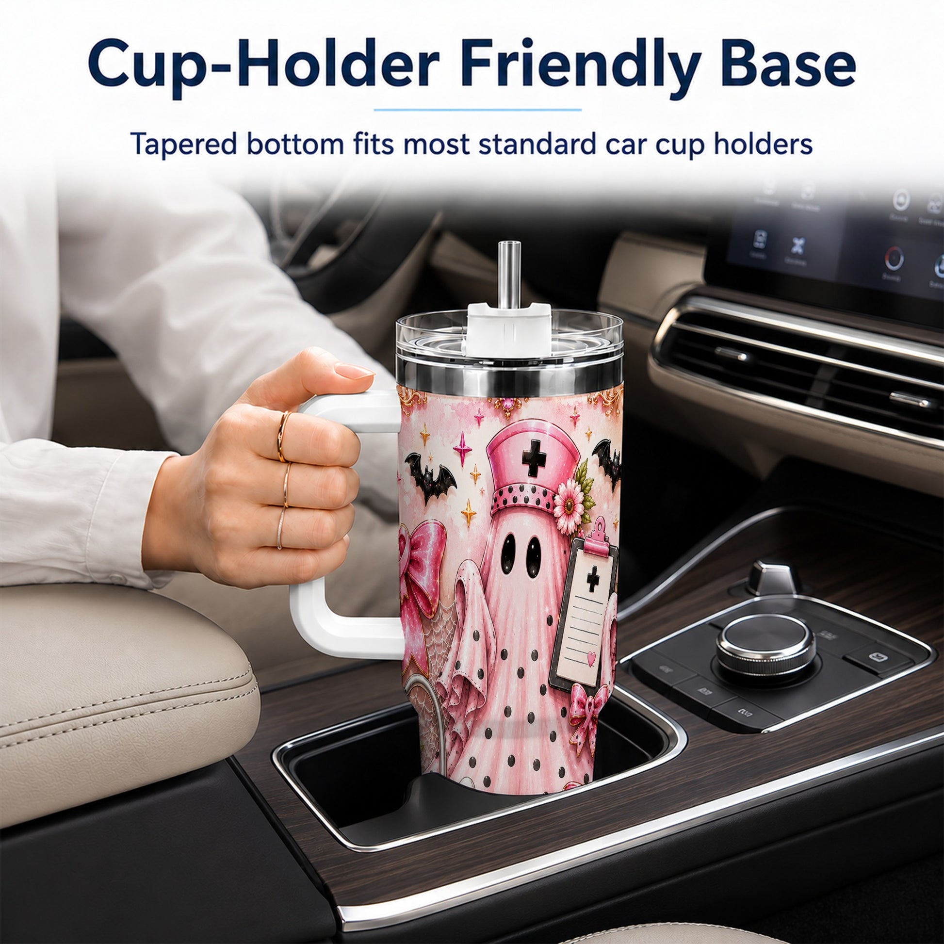 #pl[40oz|White] Nurse Ghost 40oz Tumbler with Handle, Halloween Medical Theme
