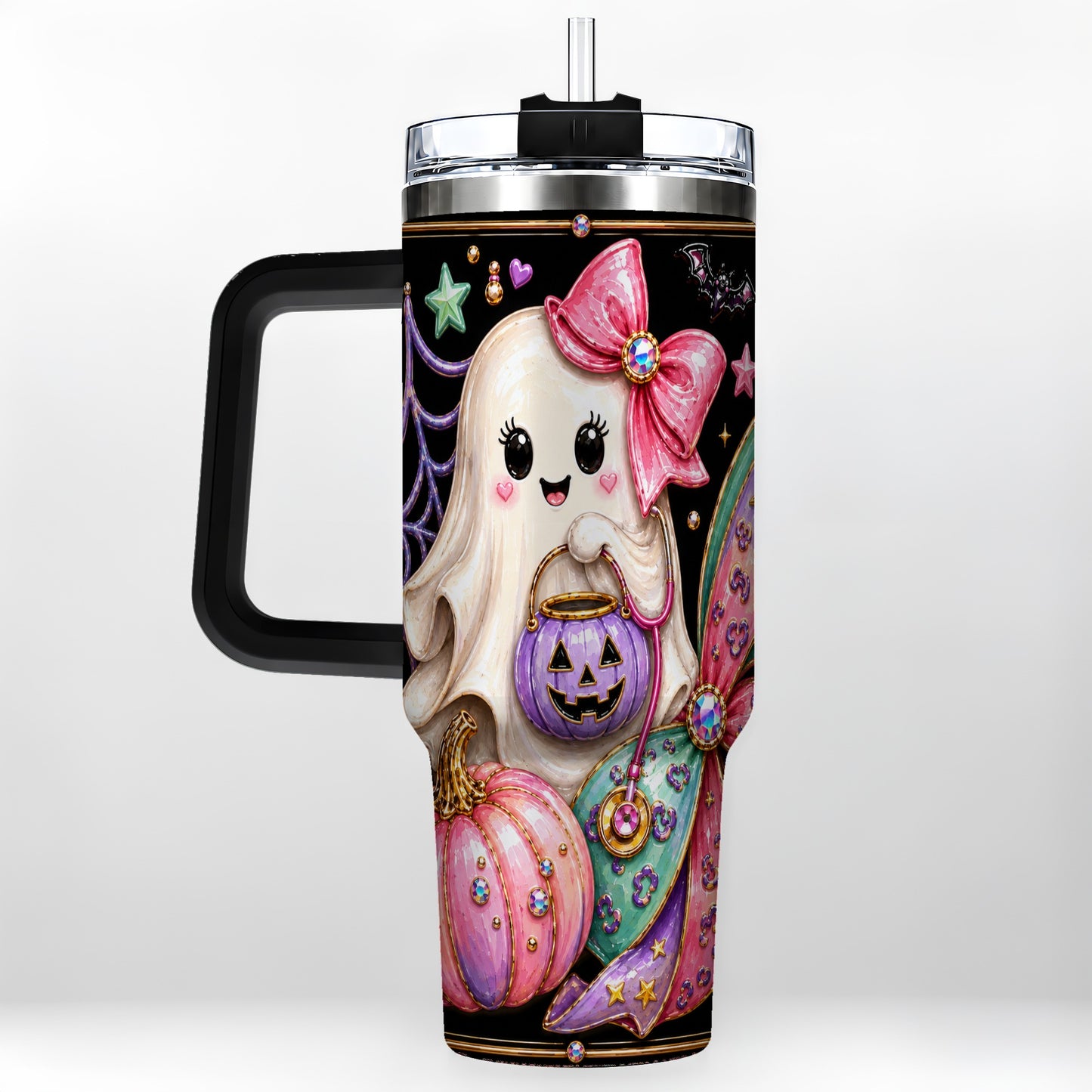 #pl[40oz|Black] Ghost Nurse 40oz Tumbler with Handle, Cute Halloween Theme