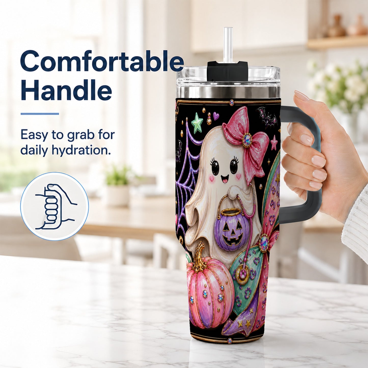 #pl[40oz|Black] Ghost Nurse 40oz Tumbler with Handle, Cute Halloween Theme