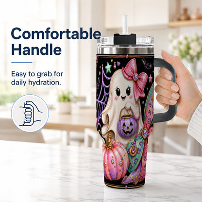 #pl[40oz|Black] Ghost Nurse 40oz Tumbler with Handle, Cute Halloween Theme