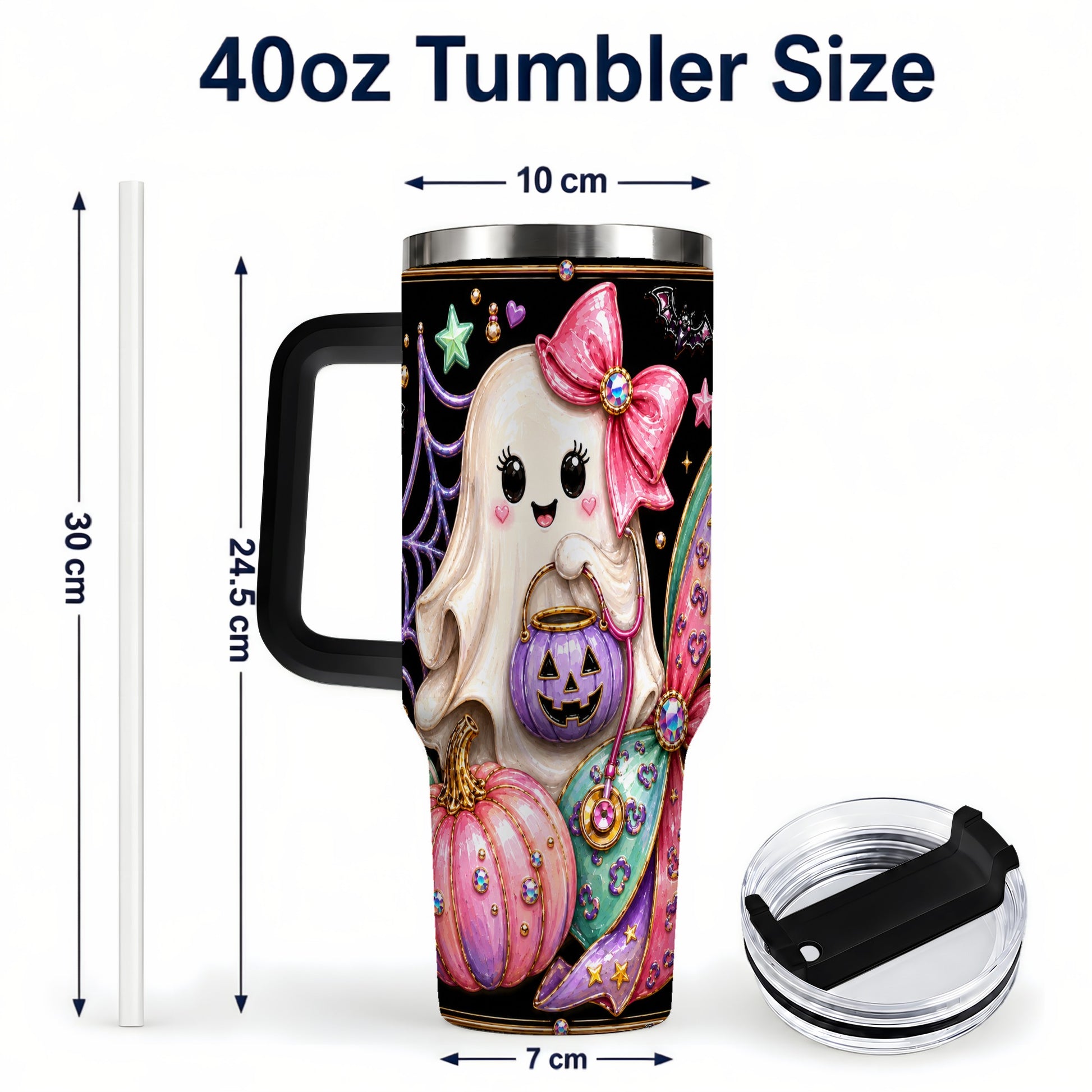#pl[40oz|Black] Ghost Nurse 40oz Tumbler with Handle, Cute Halloween Theme