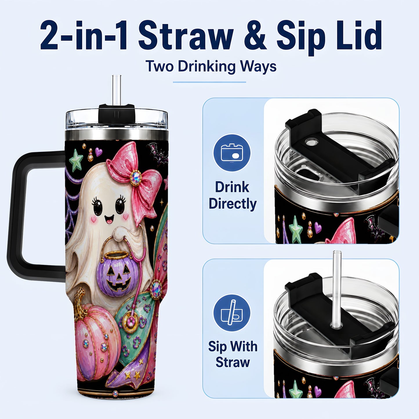 #pl[40oz|Black] Ghost Nurse 40oz Tumbler with Handle, Cute Halloween Theme