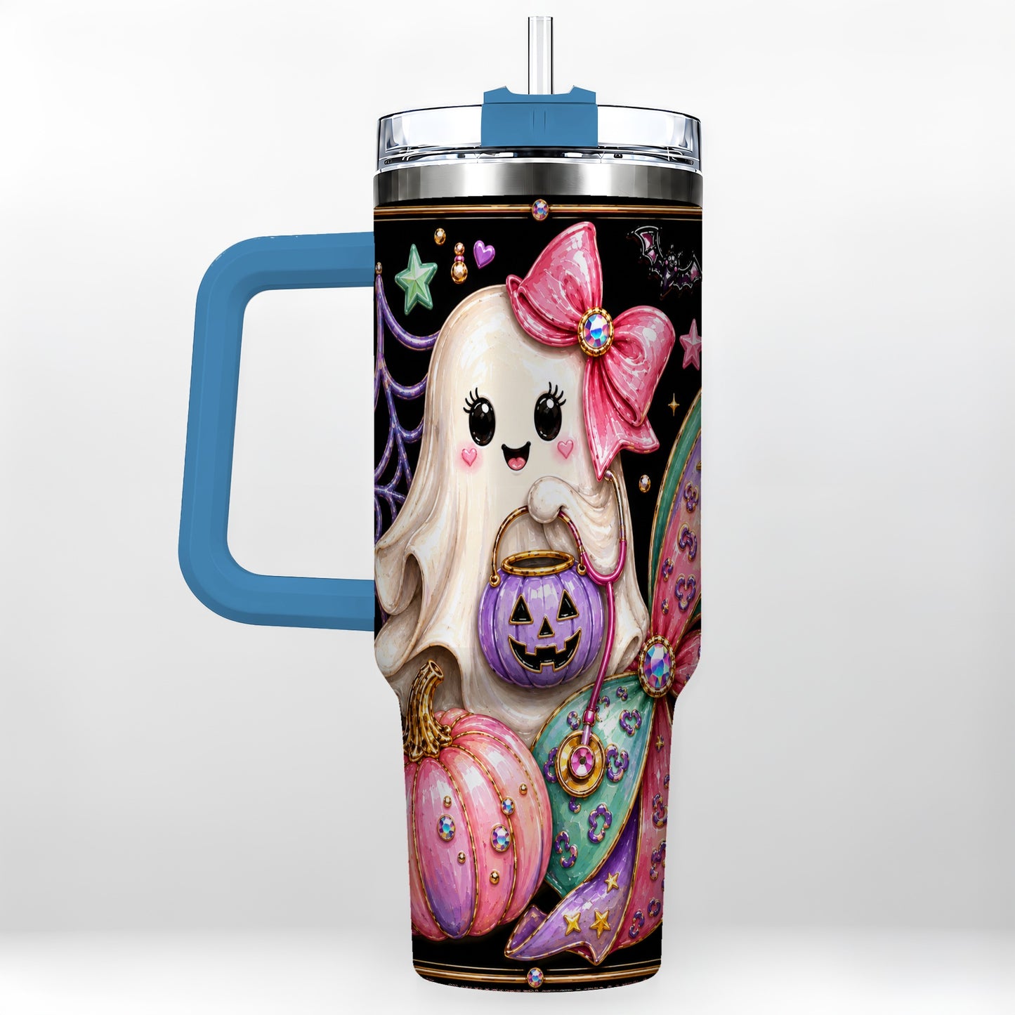 #pl[40oz|Blue] Ghost Nurse 40oz Tumbler with Handle, Cute Halloween Theme