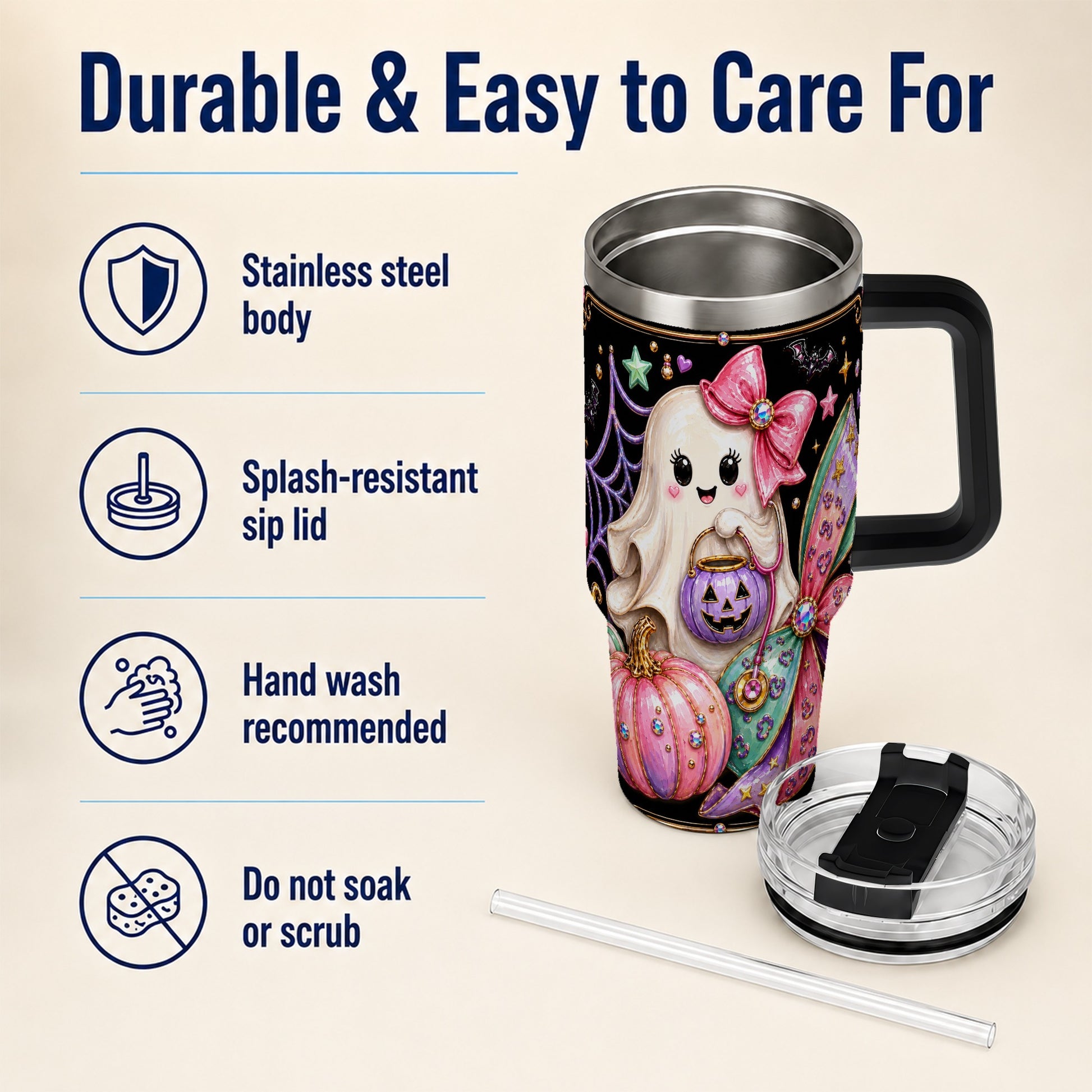 #pl[40oz|Black] Ghost Nurse 40oz Tumbler with Handle, Cute Halloween Theme