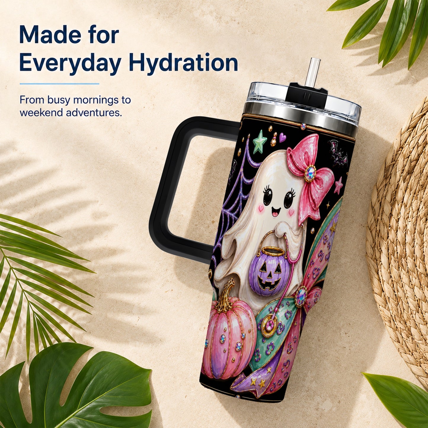 #pl[40oz|Black] Ghost Nurse 40oz Tumbler with Handle, Cute Halloween Theme