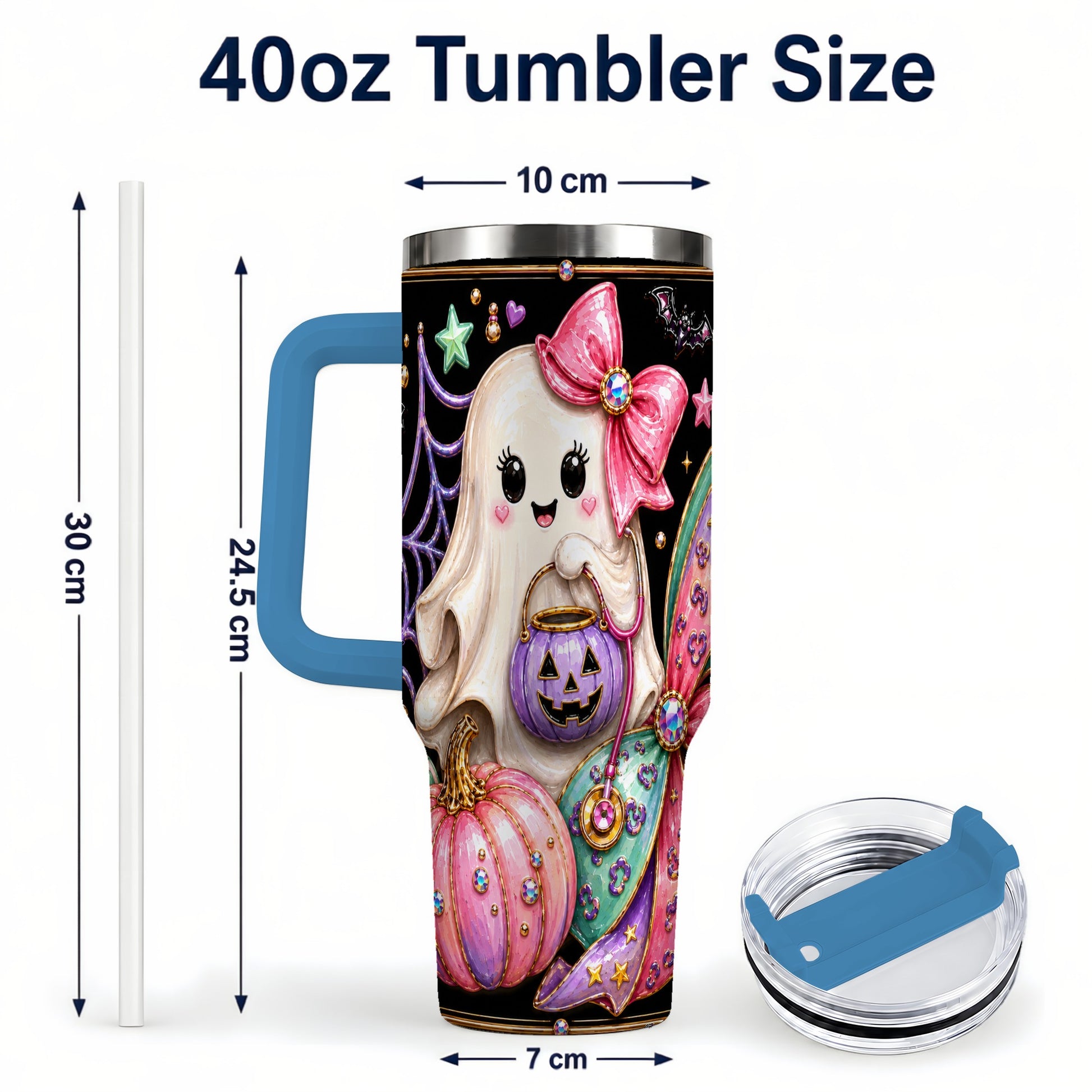 #pl[40oz|Blue] Ghost Nurse 40oz Tumbler with Handle, Cute Halloween Theme