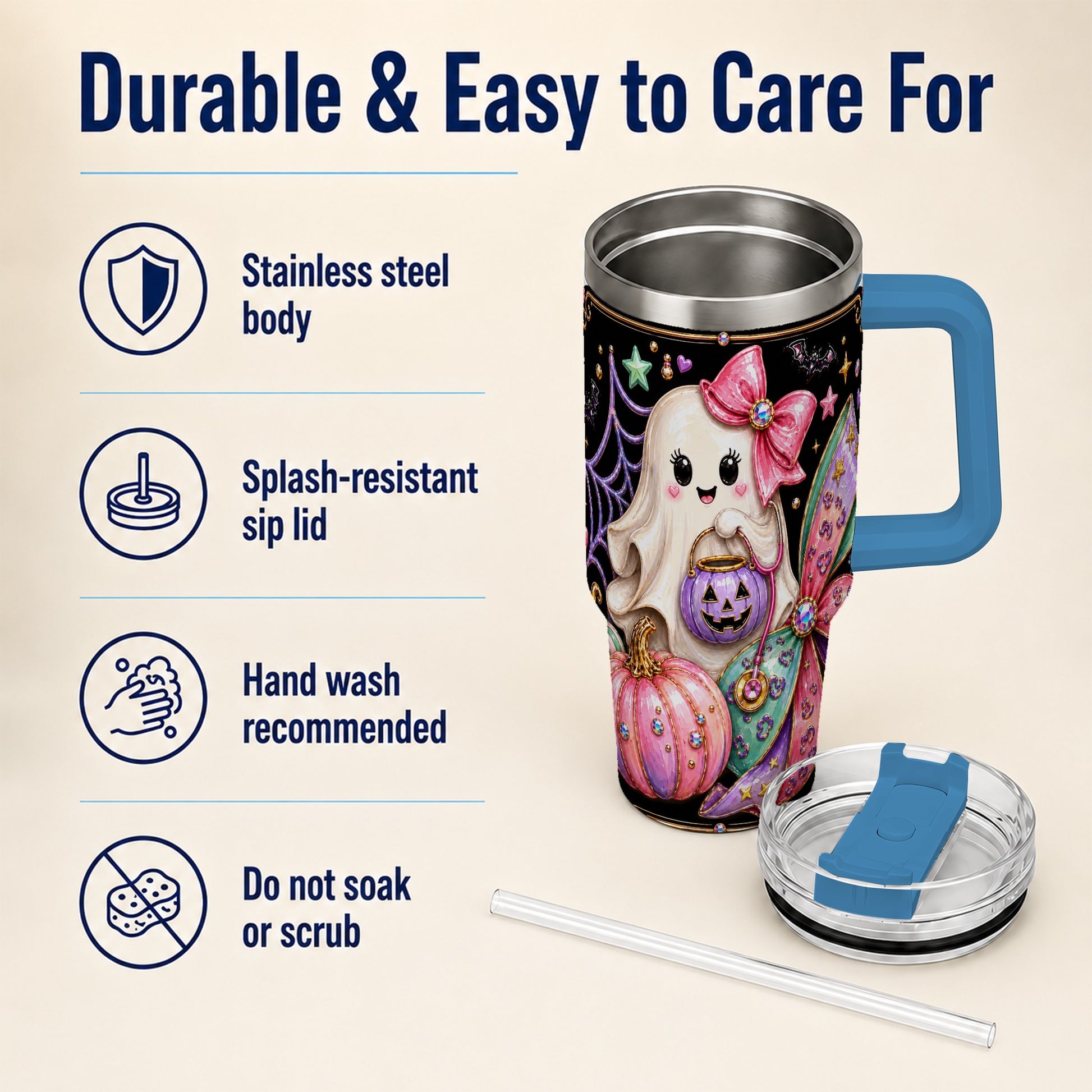 #pl[40oz|Blue] Ghost Nurse 40oz Tumbler with Handle, Cute Halloween Theme