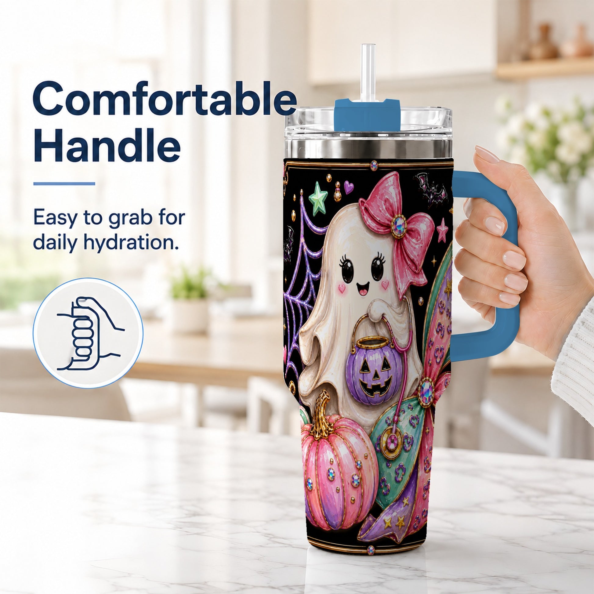 #pl[40oz|Blue] Ghost Nurse 40oz Tumbler with Handle, Cute Halloween Theme
