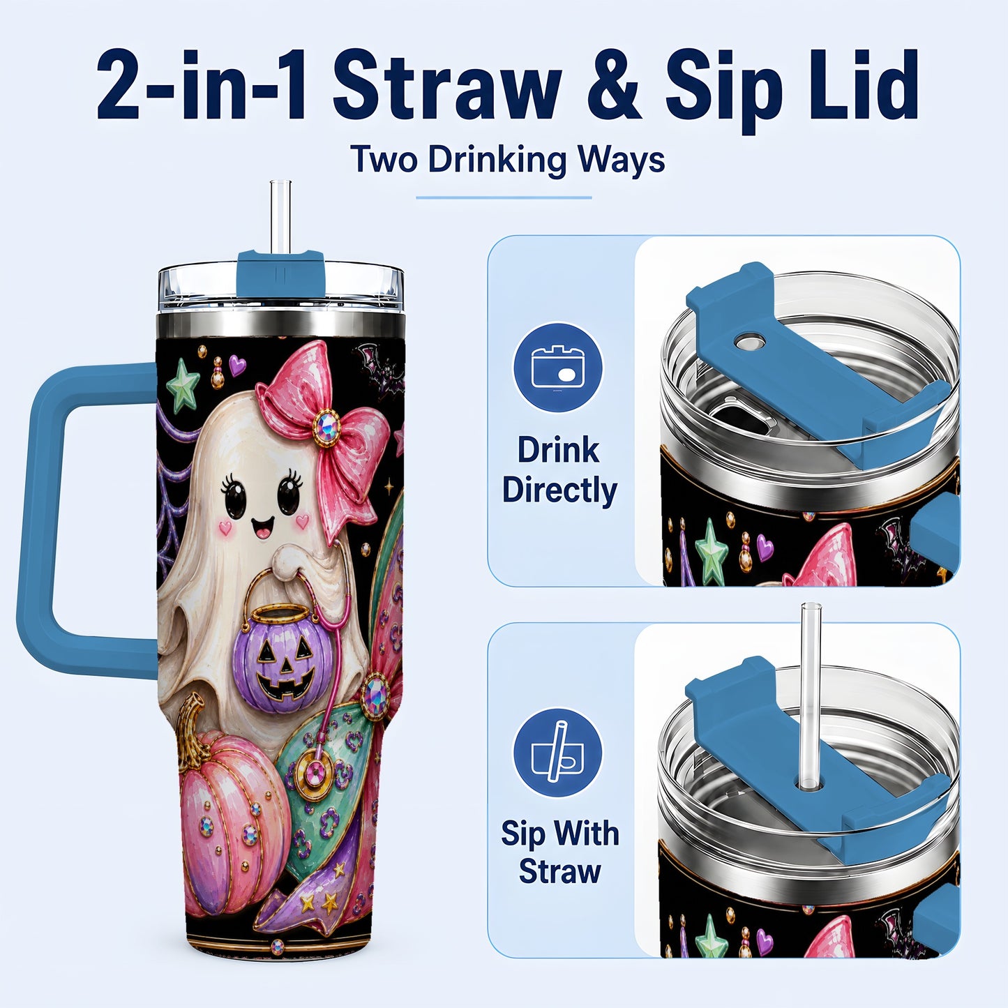 #pl[40oz|Blue] Ghost Nurse 40oz Tumbler with Handle, Cute Halloween Theme