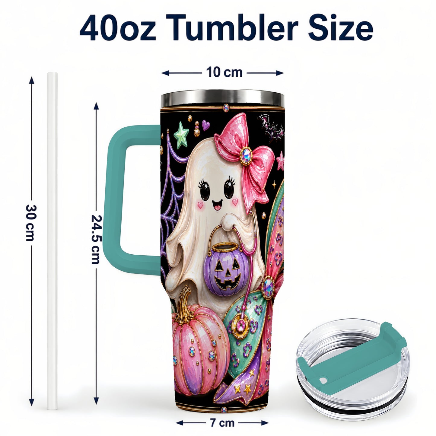 #pl[40oz|Green] Ghost Nurse 40oz Tumbler with Handle, Cute Halloween Theme