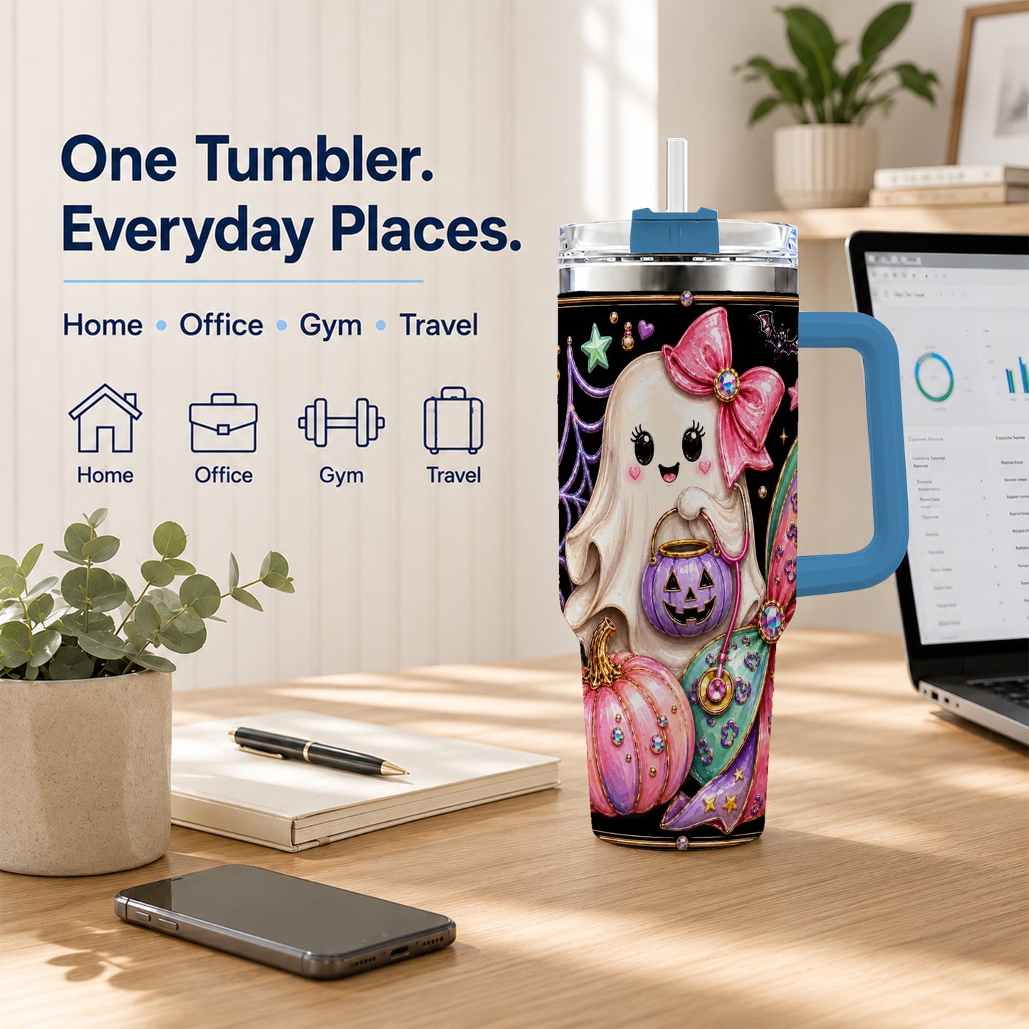 #pl[40oz|Blue] Ghost Nurse 40oz Tumbler with Handle, Cute Halloween Theme