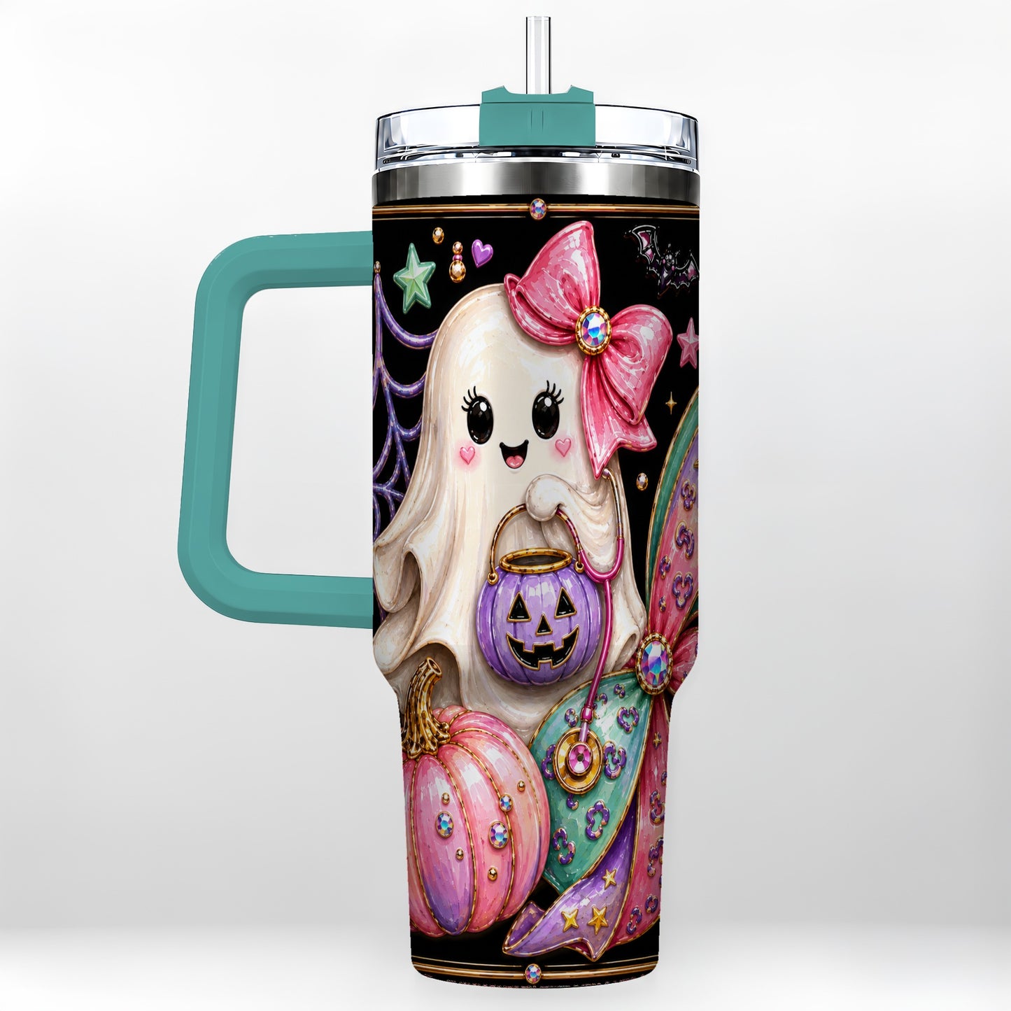 #pl[40oz|Green] Ghost Nurse 40oz Tumbler with Handle, Cute Halloween Theme