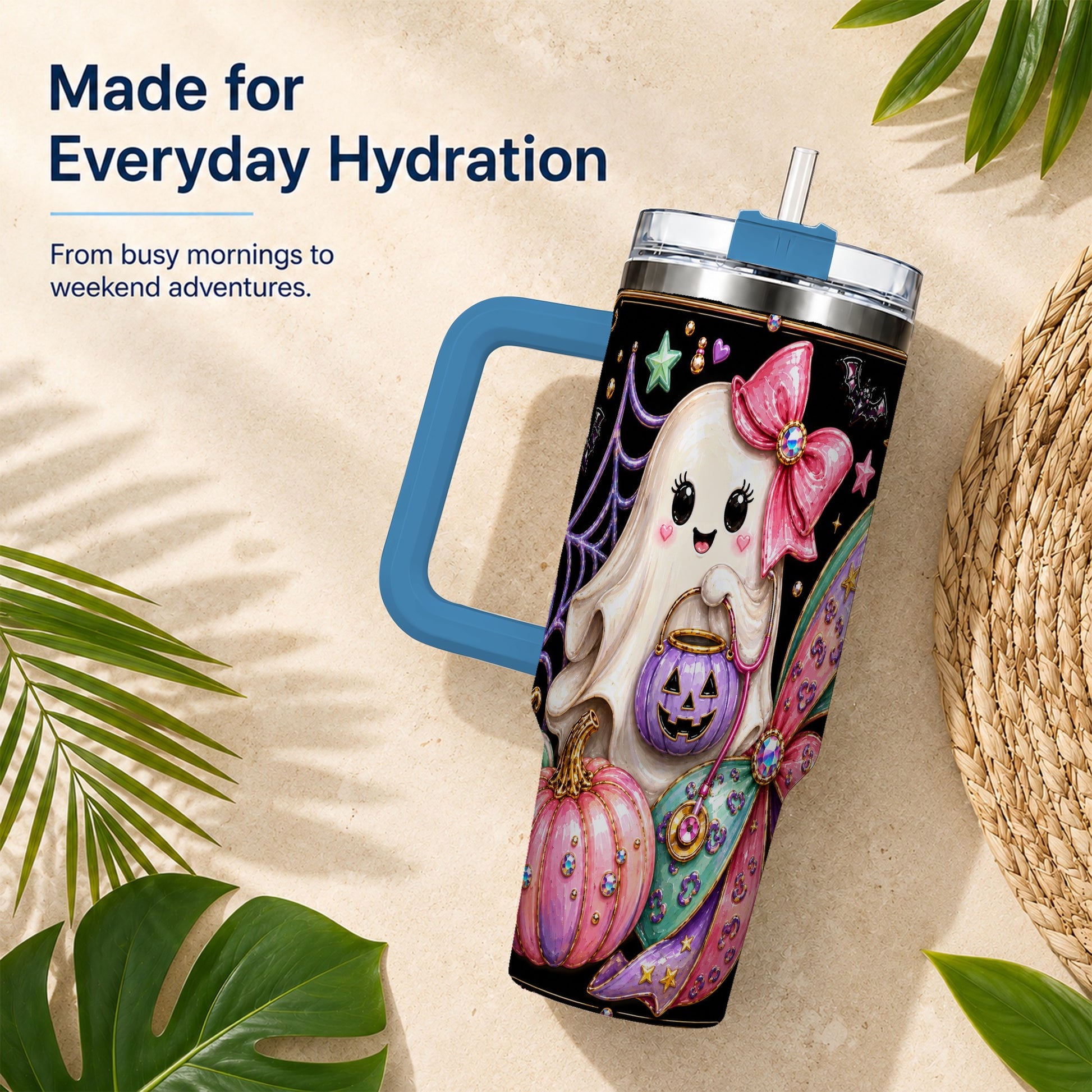 #pl[40oz|Blue] Ghost Nurse 40oz Tumbler with Handle, Cute Halloween Theme