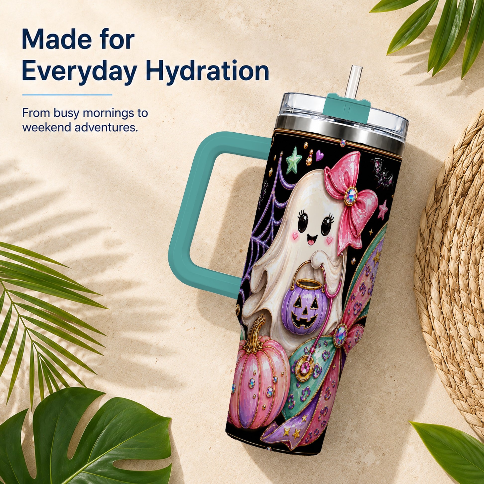 #pl[40oz|Green] Ghost Nurse 40oz Tumbler with Handle, Cute Halloween Theme
