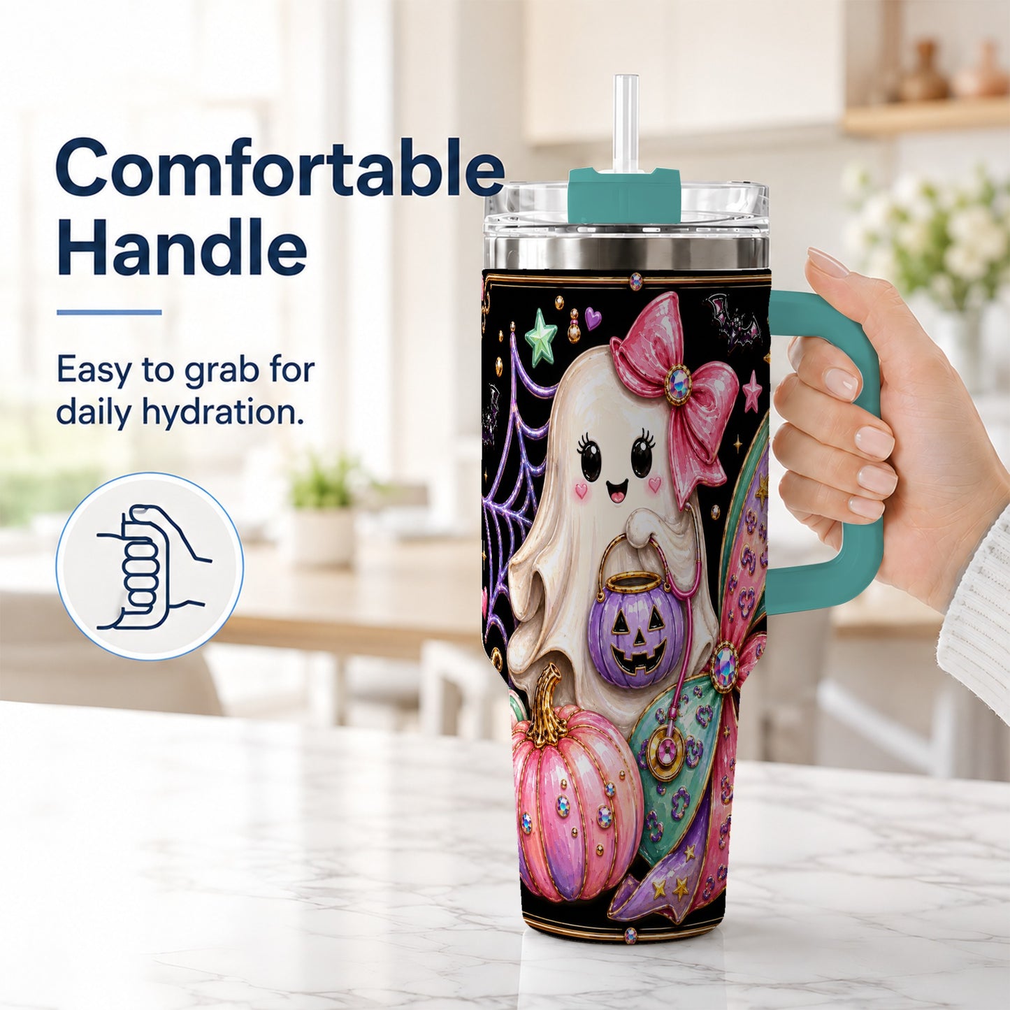 #pl[40oz|Green] Ghost Nurse 40oz Tumbler with Handle, Cute Halloween Theme