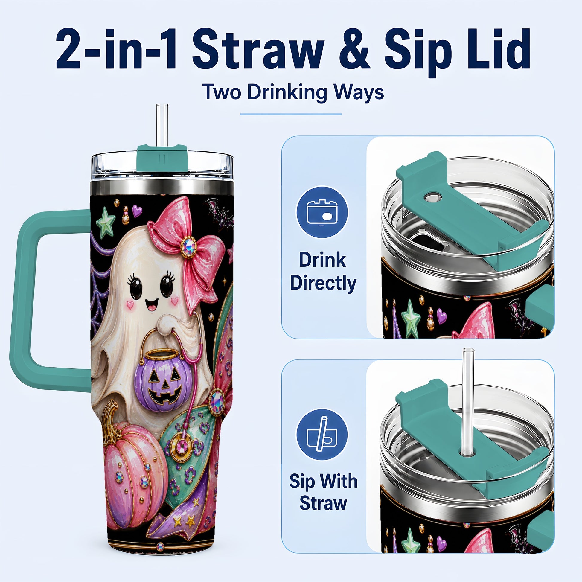 #pl[40oz|Green] Ghost Nurse 40oz Tumbler with Handle, Cute Halloween Theme