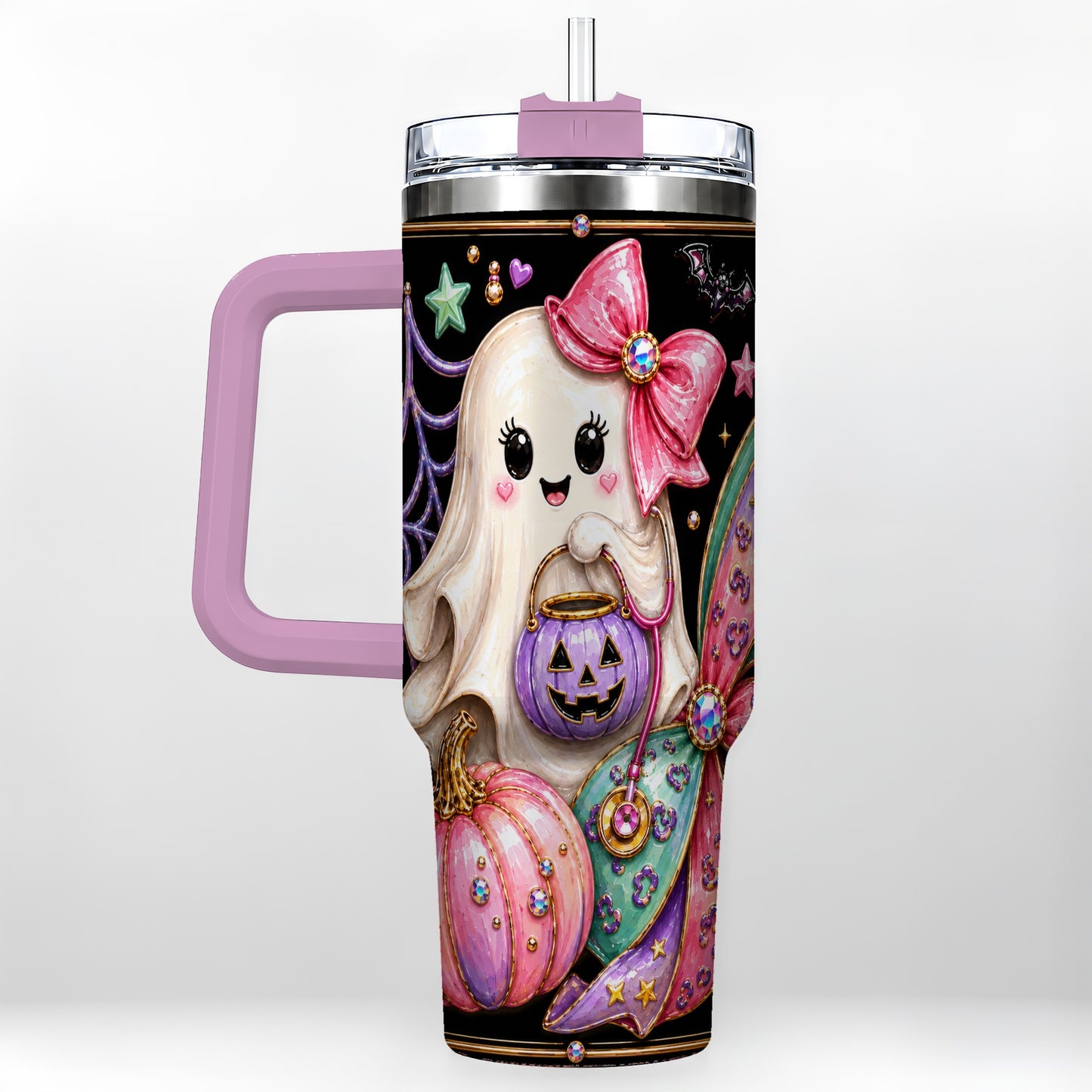 #pl[40oz|Pink] Ghost Nurse 40oz Tumbler with Handle, Cute Halloween Theme