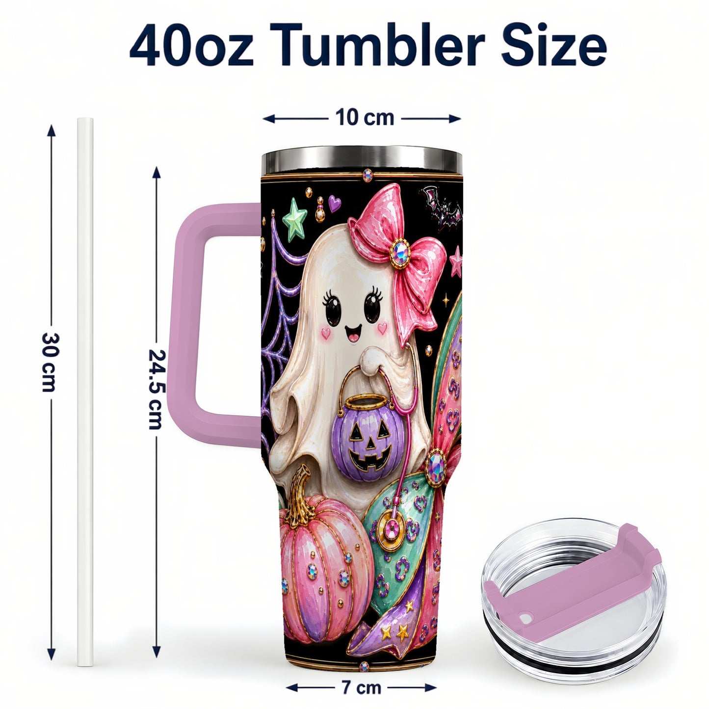 #pl[40oz|Pink] Ghost Nurse 40oz Tumbler with Handle, Cute Halloween Theme