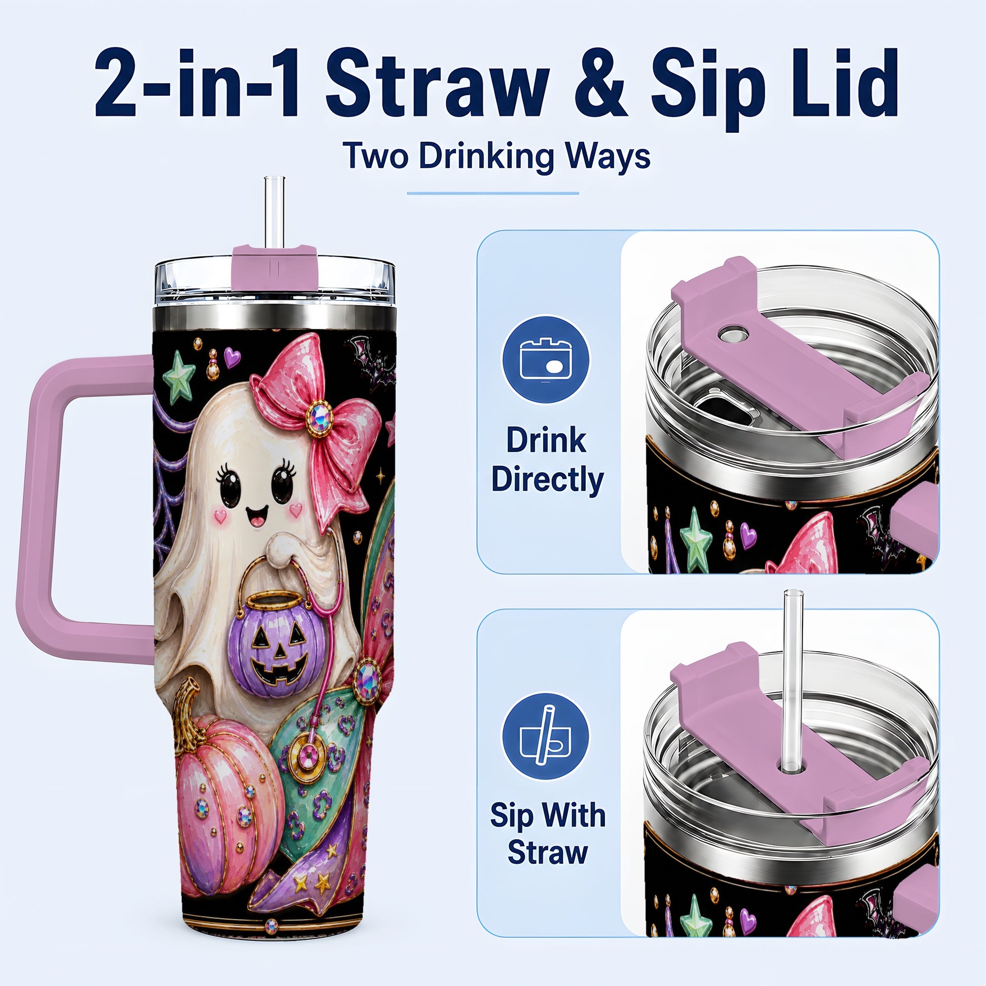 #pl[40oz|Pink] Ghost Nurse 40oz Tumbler with Handle, Cute Halloween Theme