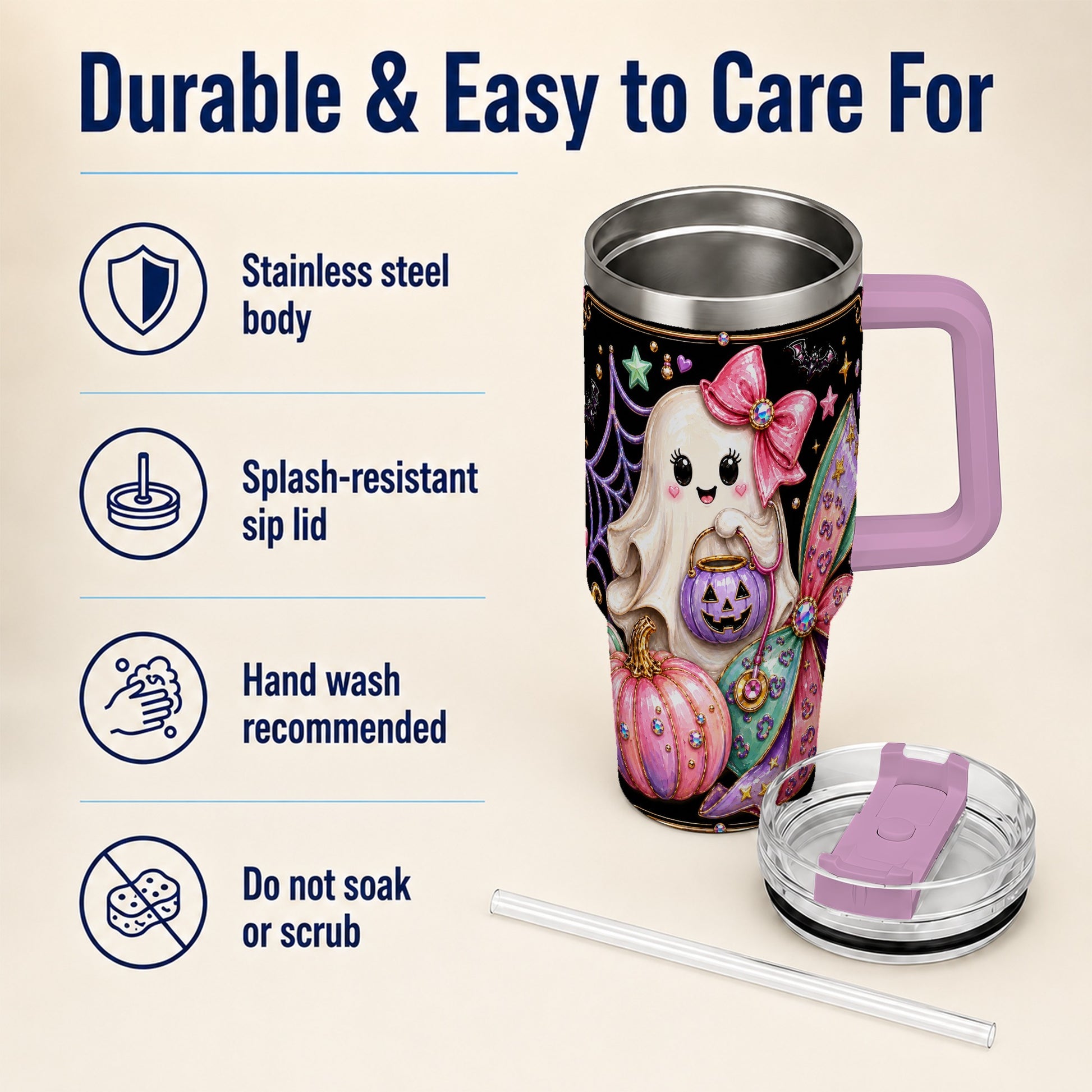 #pl[40oz|Pink] Ghost Nurse 40oz Tumbler with Handle, Cute Halloween Theme