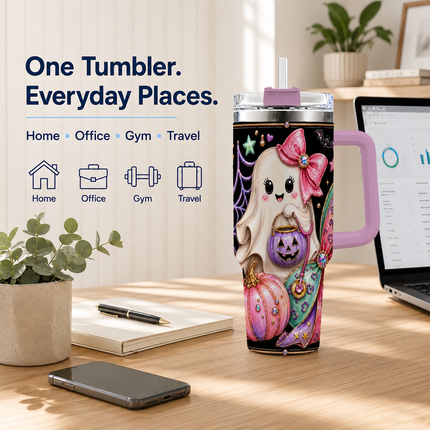 #pl[40oz|Pink] Ghost Nurse 40oz Tumbler with Handle, Cute Halloween Theme