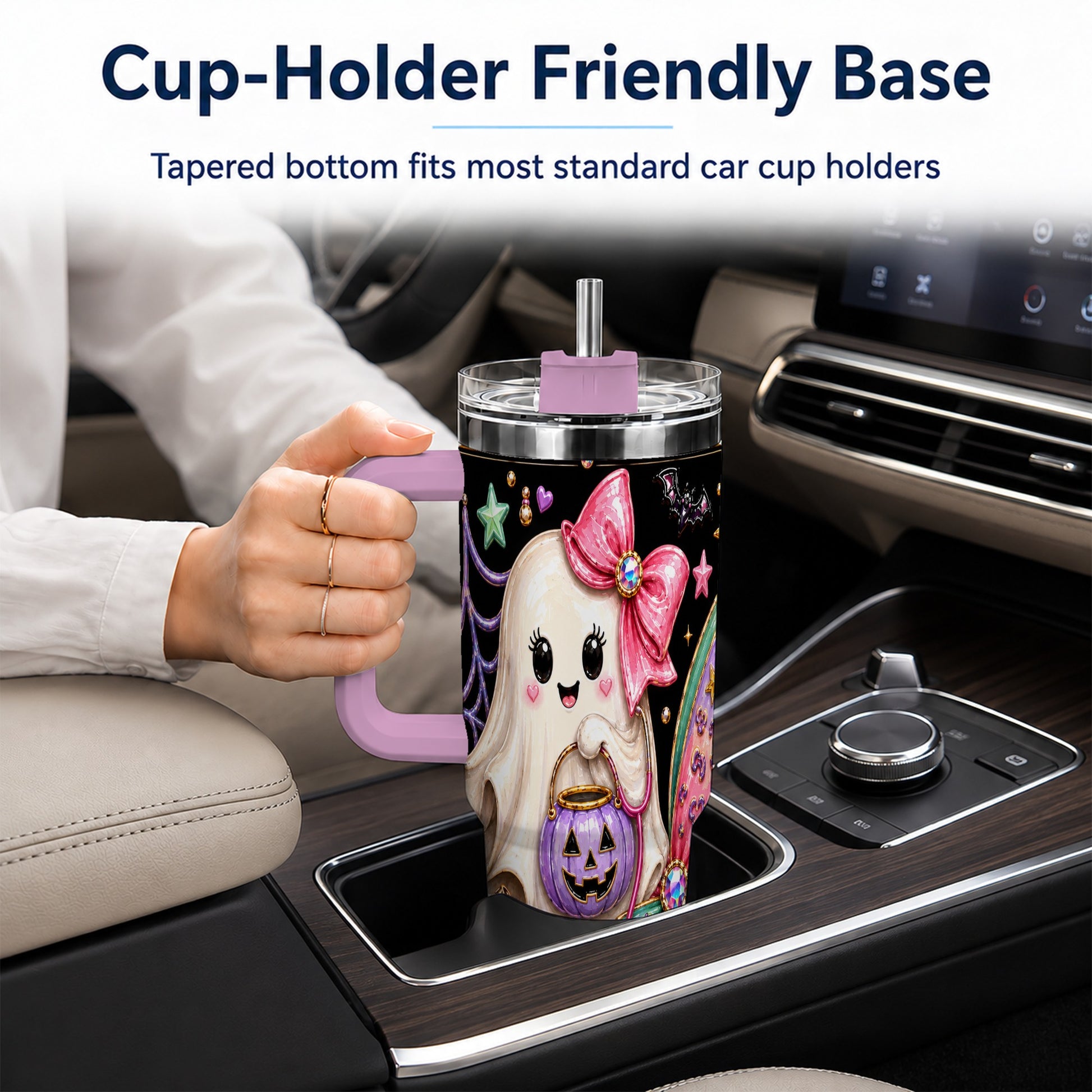 #pl[40oz|Pink] Ghost Nurse 40oz Tumbler with Handle, Cute Halloween Theme