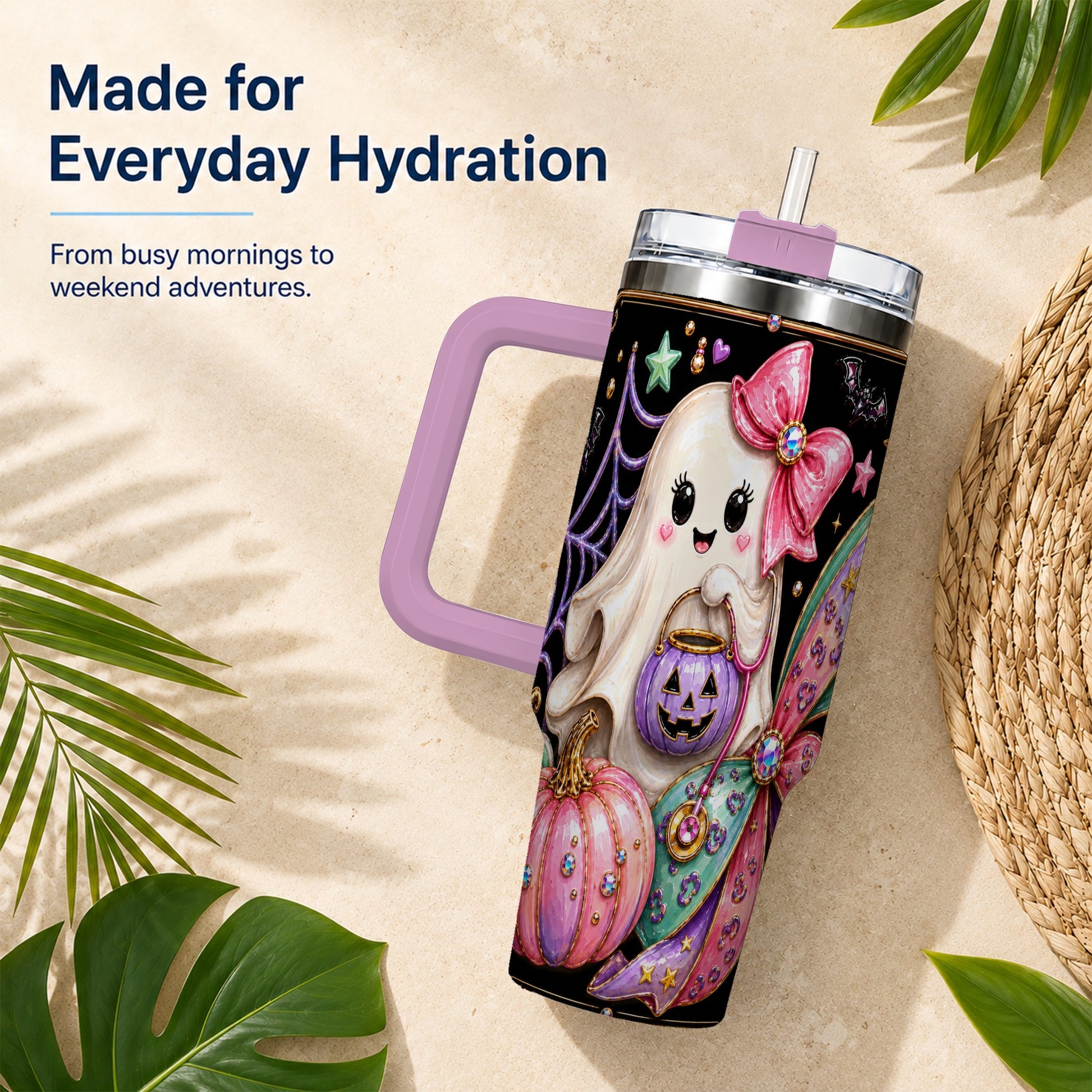 #pl[40oz|Pink] Ghost Nurse 40oz Tumbler with Handle, Cute Halloween Theme
