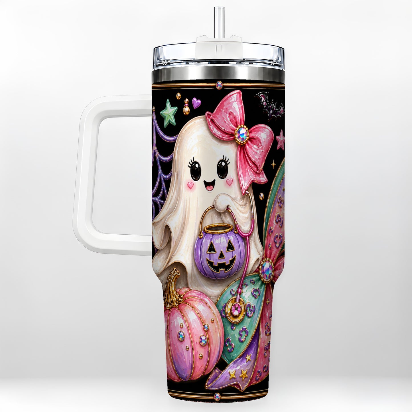 #pl[40oz|White] Ghost Nurse 40oz Tumbler with Handle, Cute Halloween Theme