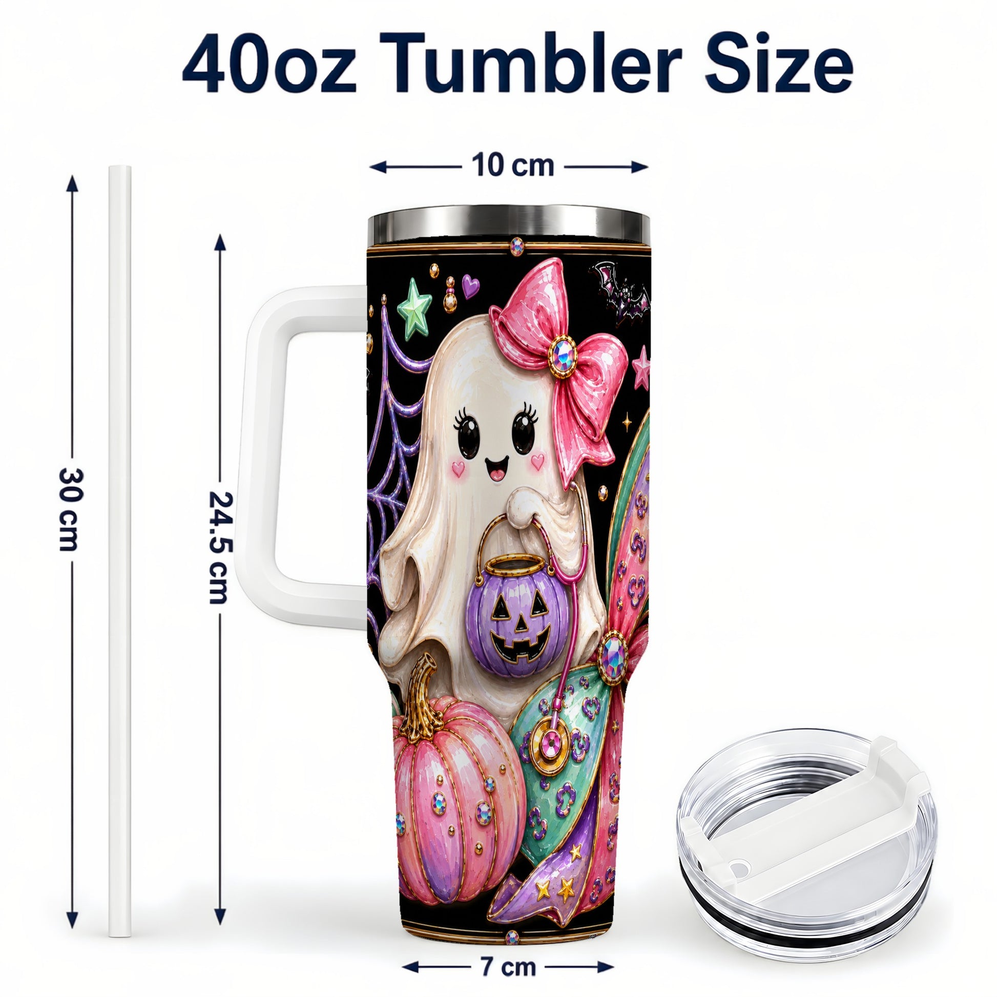 #pl[40oz|White] Ghost Nurse 40oz Tumbler with Handle, Cute Halloween Theme