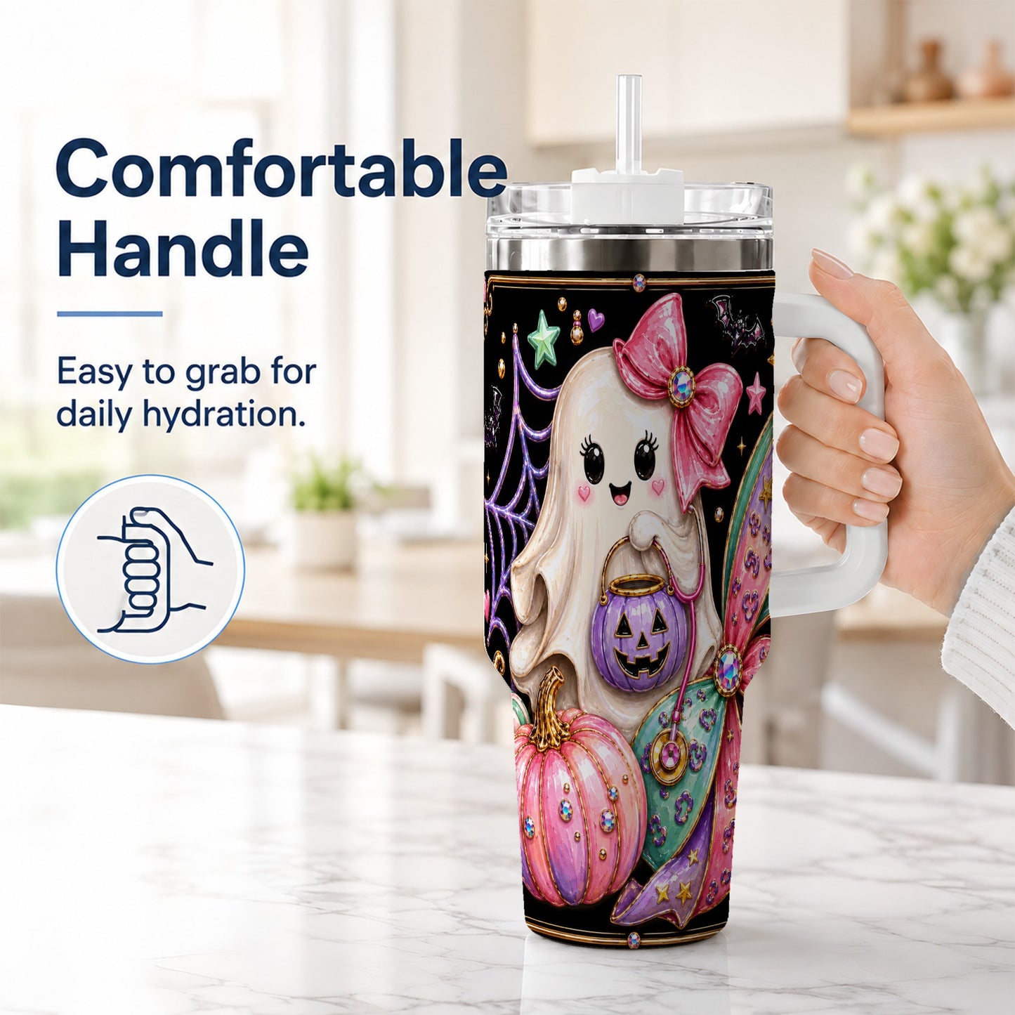 #pl[40oz|White] Ghost Nurse 40oz Tumbler with Handle, Cute Halloween Theme